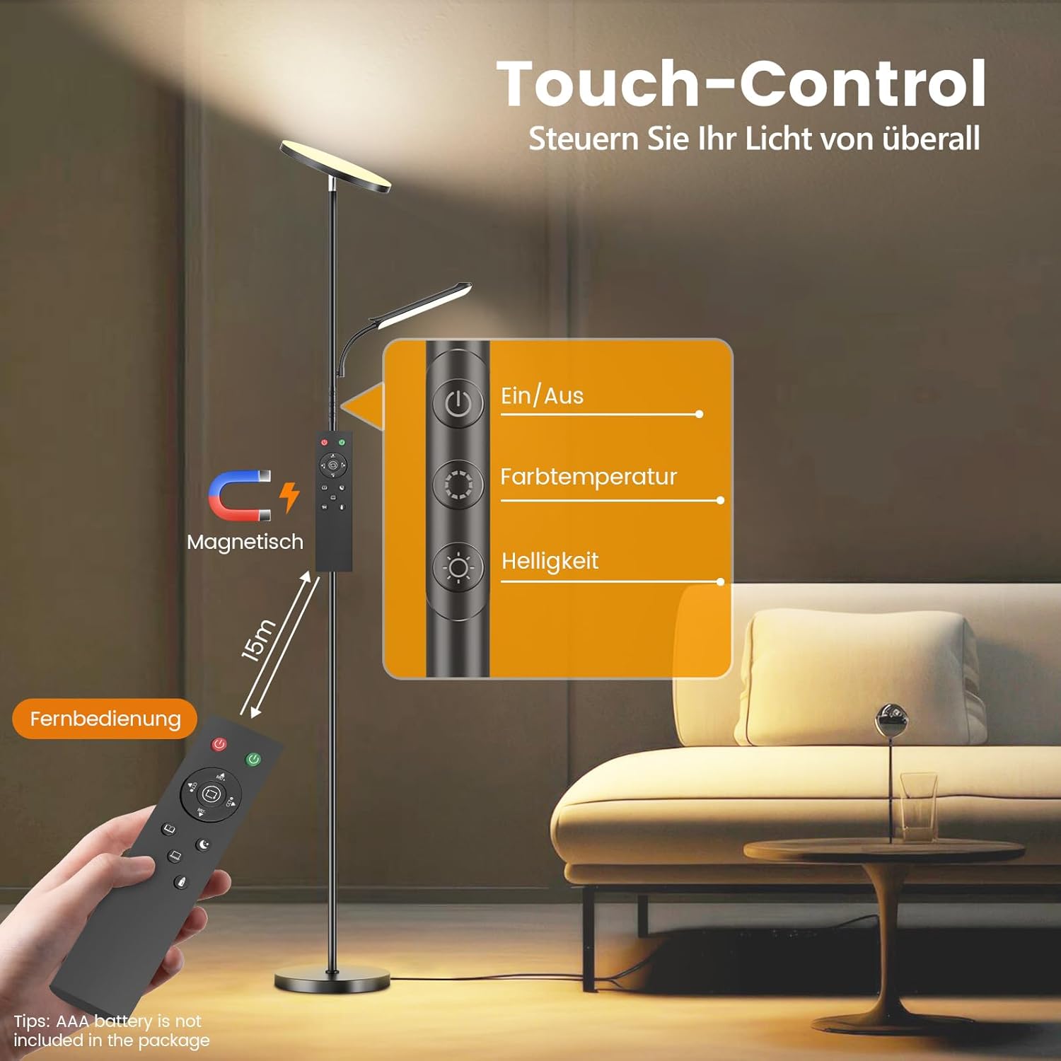 Wohnzimmer Stehlampe, 42W Deckenfluter mit Leselampe, 4200LM LED Stehlampe Dimmbar mit 2700K-6500K Farbtemperatur, Moderne Stehlampe mit Fernbedienung und Touch-Steuerung für Wohnzimmer, Schlafzimmer – Bild 6