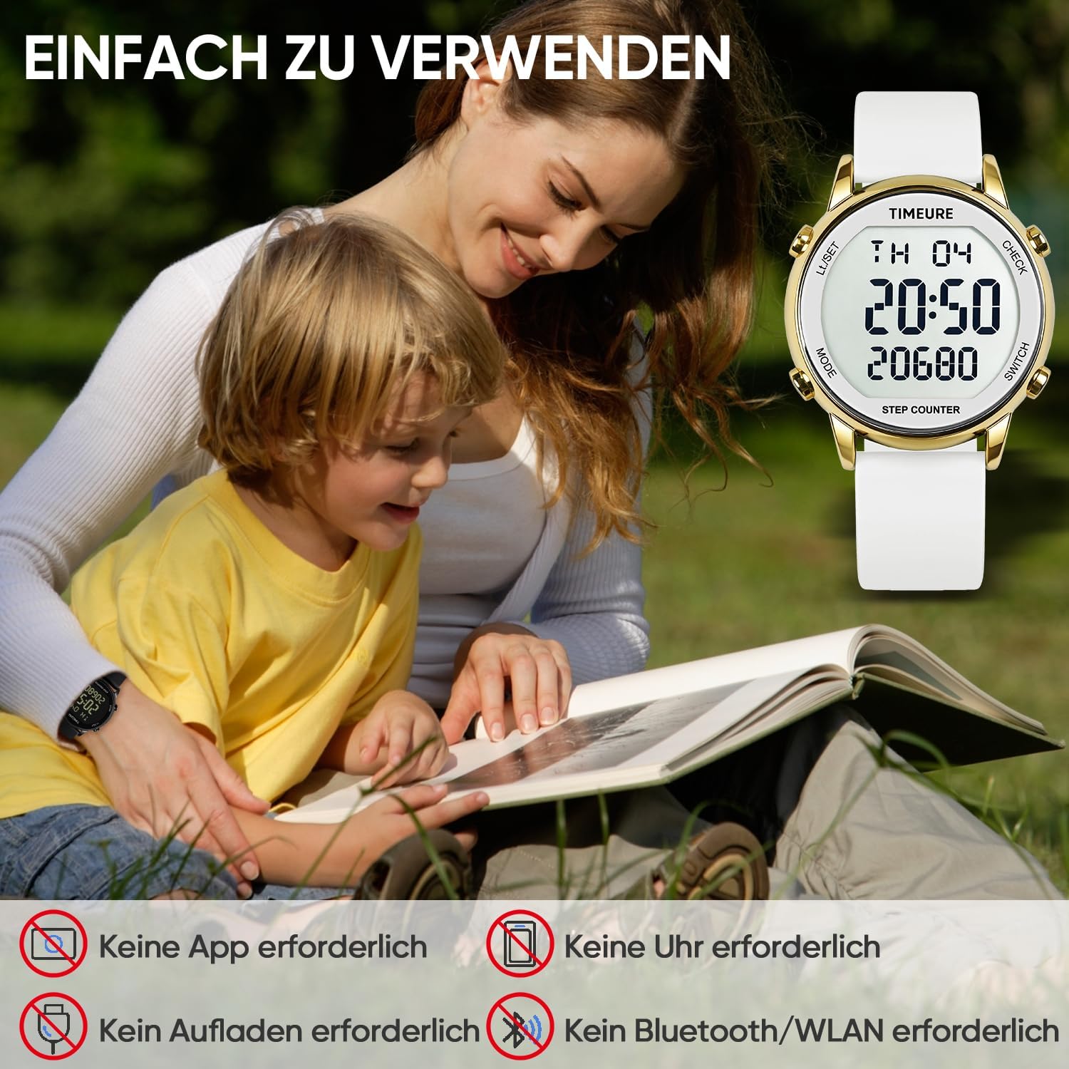 TU-2509 Schrittzähler-Uhr für Damen, Schrittzähler zum Gehen, keine App/Telefon erforderlich, wasserdichter Fitness-Kalorien-Tracker, Entfernungsmessung, Alarm, großes digitales Display, Uhr, TU-2509 – Bild 3