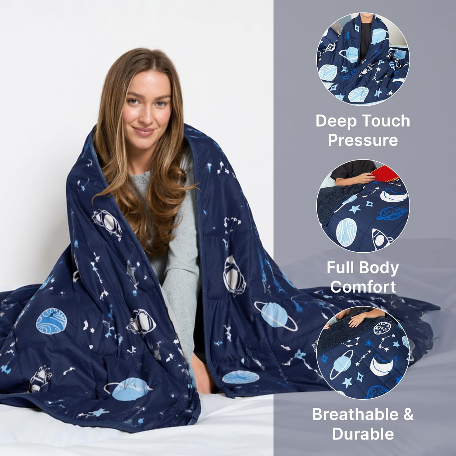 OHS Gewichtsdecke 3 kg Stern, schwere Decke 100 x 150 cm 3 kg (6,6 lb) Gewichtsdecke Blaue Gewichtsdecke (Haftungsausschluss: Nur für Kinder ab 3 Jahren geeignet) – Bild 2