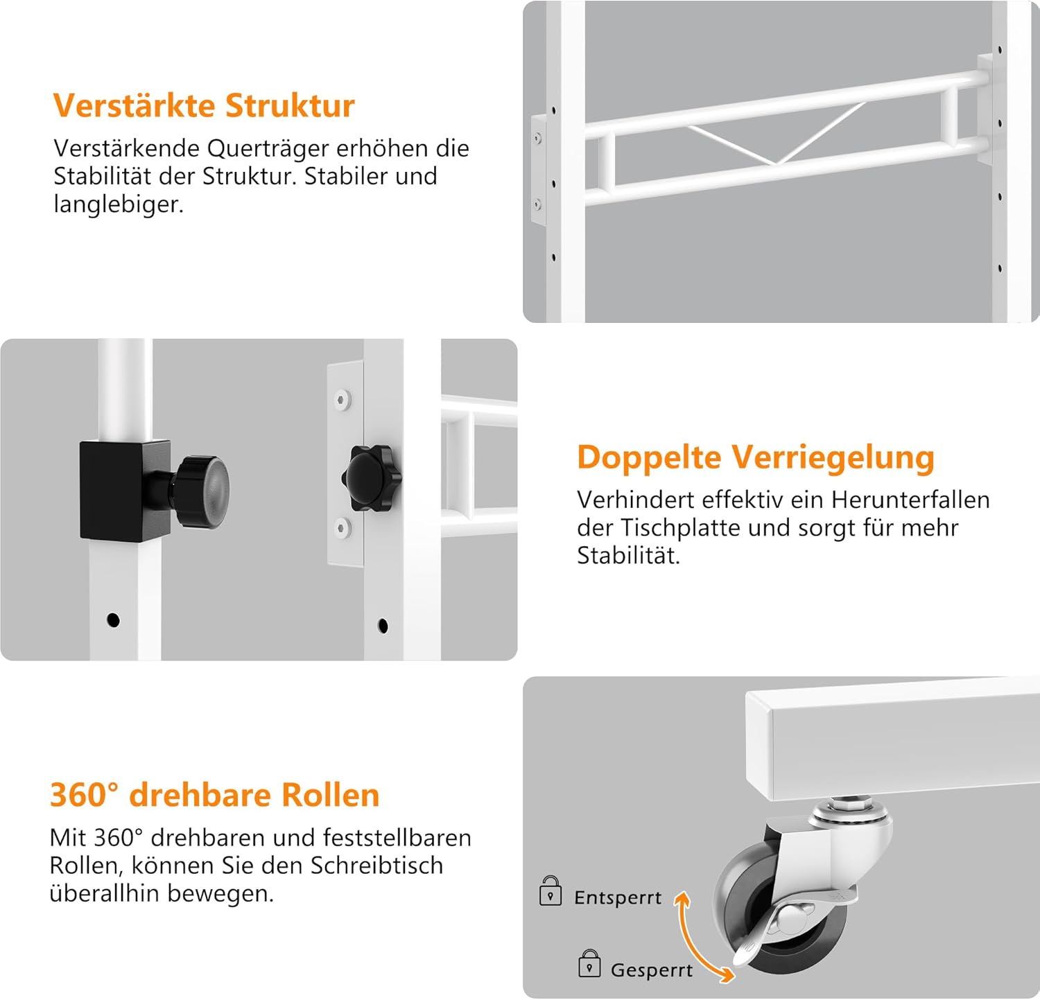 HOMIDEC Höhenverstellbarer Schreibtisch mit Rollen, Tisch, Computertisch, Stehpult, höhenverstellbar für Gehpad, Laufband für Zuhause, PC-Tisch klein für Heimbüro, 80 x 40 cm, Weiß – Bild 7