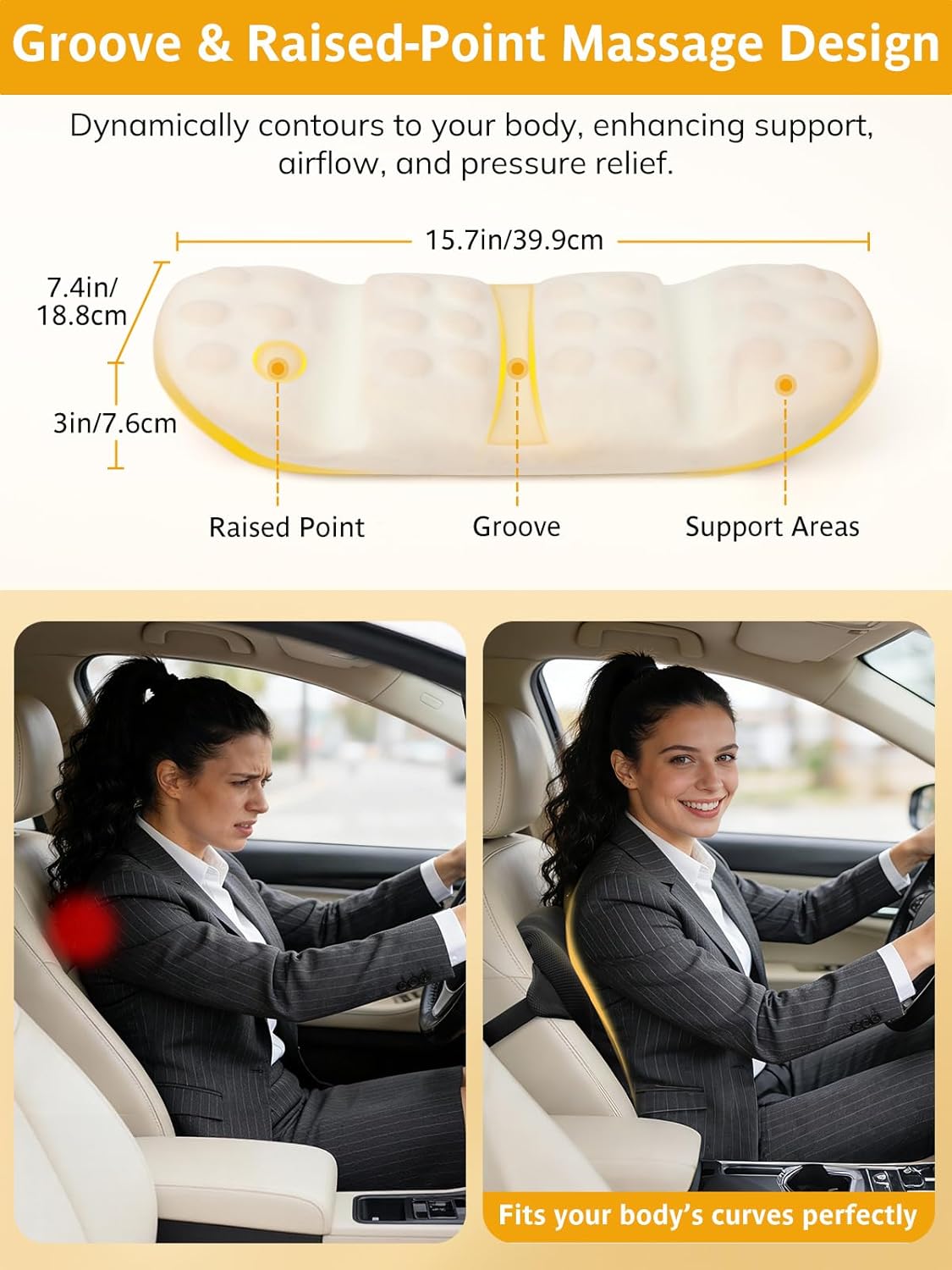 Verstellbares Lordosenstützkissen für Autositze mit Doppelgurten, Memory-Schaum-Unterstützung für den unteren Rücken und Taillenkissen mit konvexem Punktdesign, abnehmbarer Bezug für Fahrzeuge und Bürostühle – Bild 4