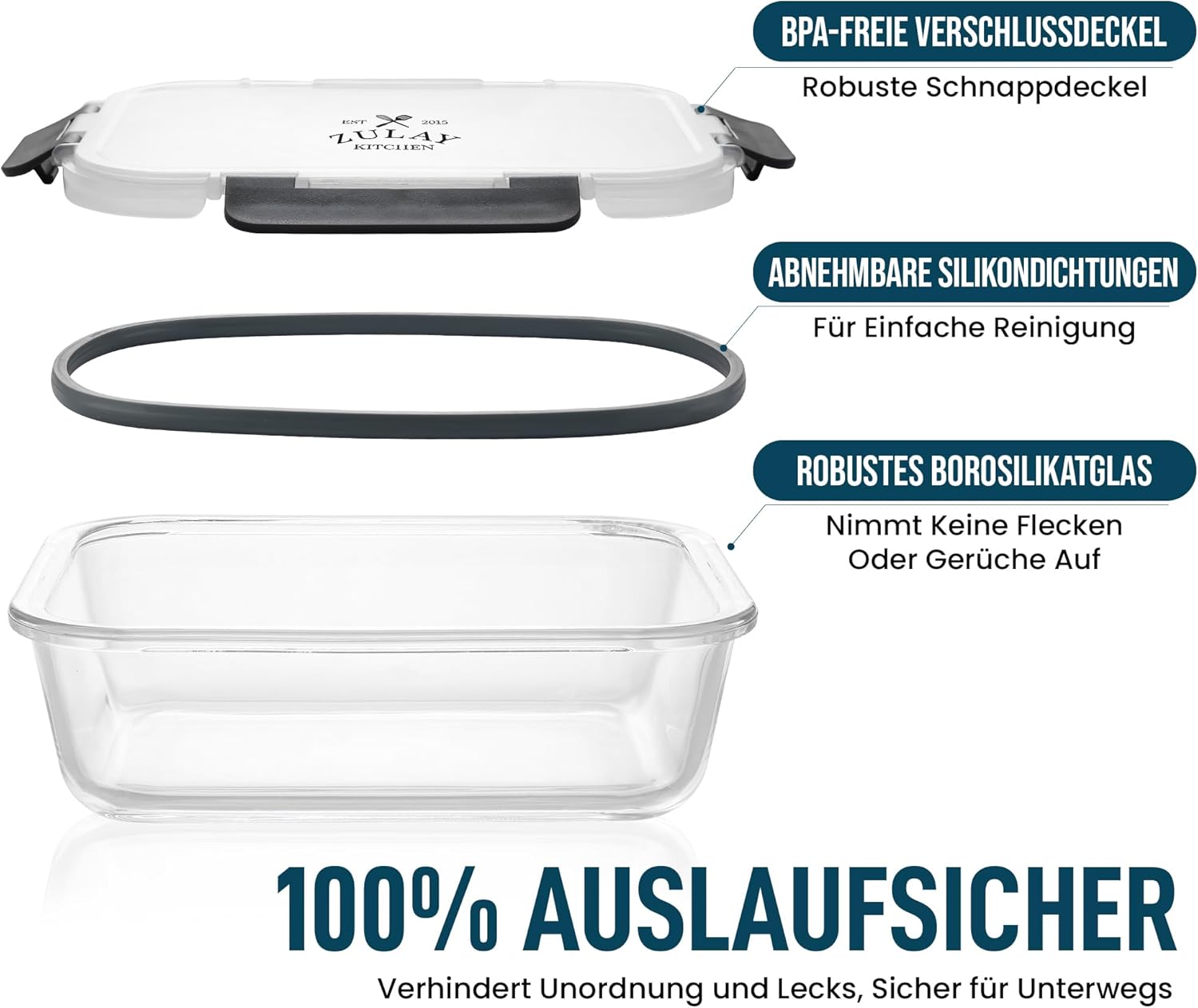 Zulay 5er-Set Frischhaltedosen aus Glas für die Zubereitung von Mahlzeiten, 1020 ml, Tupperware-Set aus Glas mit luftdichten Deckeln – Gläser für die Zubereitung von Mahlzeiten, spülmaschinen-, mikrowellen-, ofen- und gefriergeeignet, BPA-frei – Bild 3