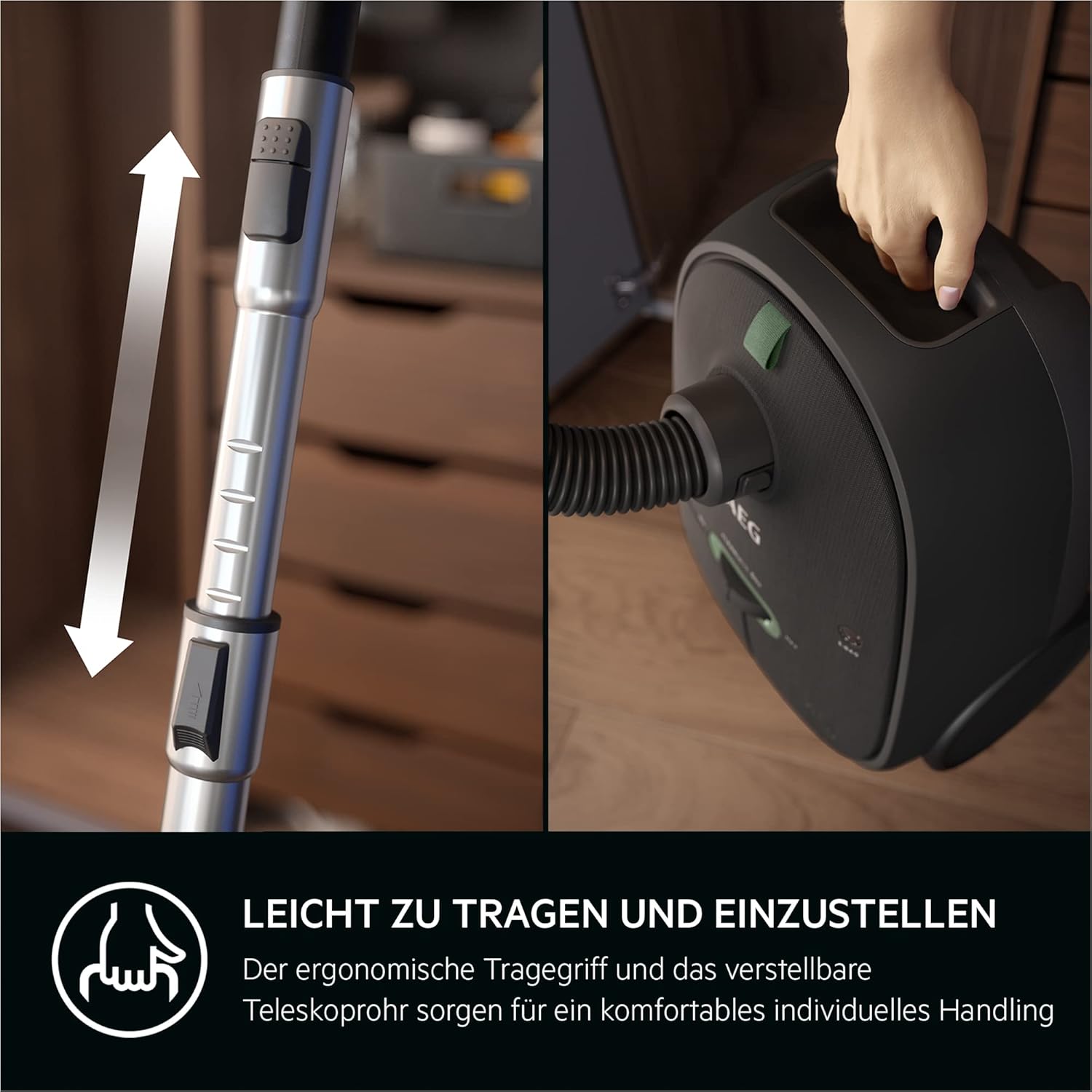 AEG Clean 6000 AB61C1OKO Öko-Staubsauger, hohe Saugleistung, zusätzliche Düsen, XL-Räder, Edelstahl-Teleskoprohr, 65 % recyceltes Material, 12 m Kabel, 850 Watt, Zubehör, grau – Bild 11