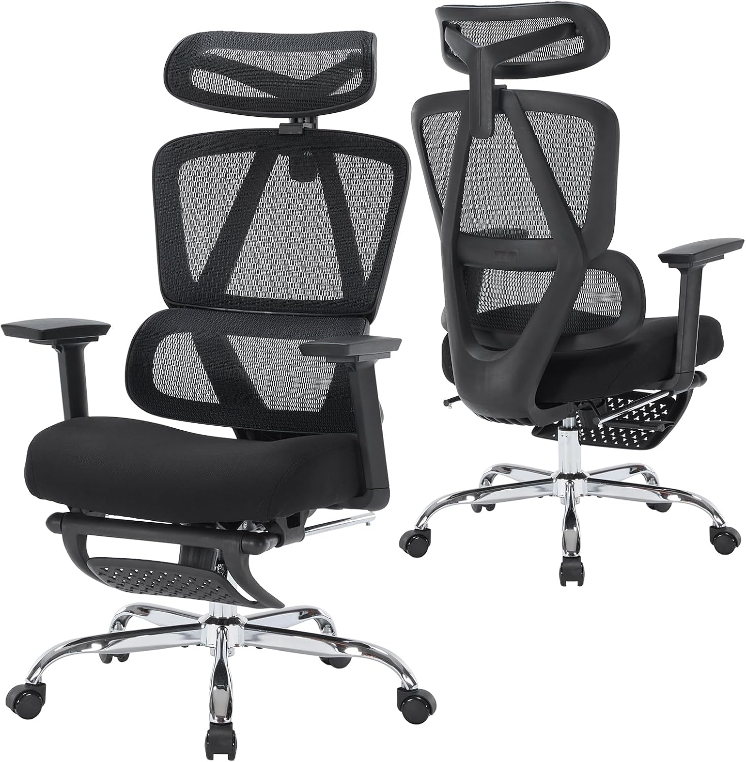 Ergonomischer Bürostuhl, Netz-Schreibtischstuhl mit Kopfstütze, Fußstütze und 3D-Armlehnen, höhenverstellbarer ergonomischer Bürostuhl, Bürostuhl mit 150 kg Tragkraft, Schwarz