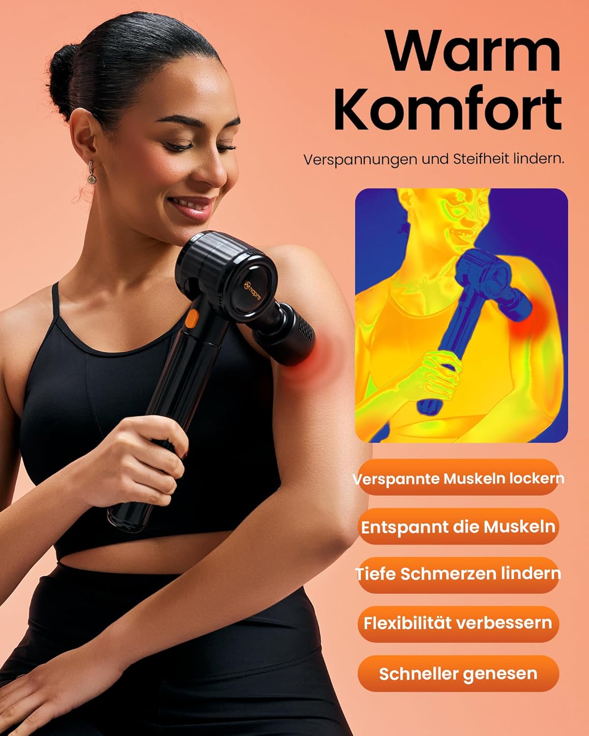 NAPRE Massagepistole mit Wärme und Kälte, Massagepistole mit Verlängerungsgriff, verstellbare Winkel, Muskel-Percussion-Massagegerät für Rücken, Nacken, Körperentspannung, 6 Köpfe und Koffer – Bild 4