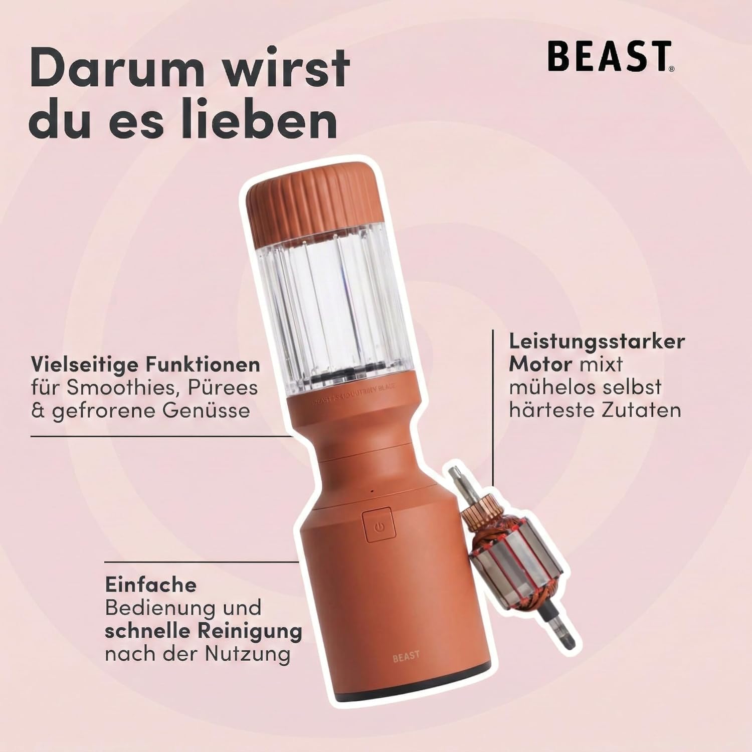 BEAST Smoothie Maker 850 W – Kompakter Standmixer Hochleistungsmixer mit 3 Tritan-Rührbechern – 785 ml – To-go-Trink- und Aufbewahrungsdeckel – Mixer für Smoothies, Eis und Shakes – Terra – Bild 5