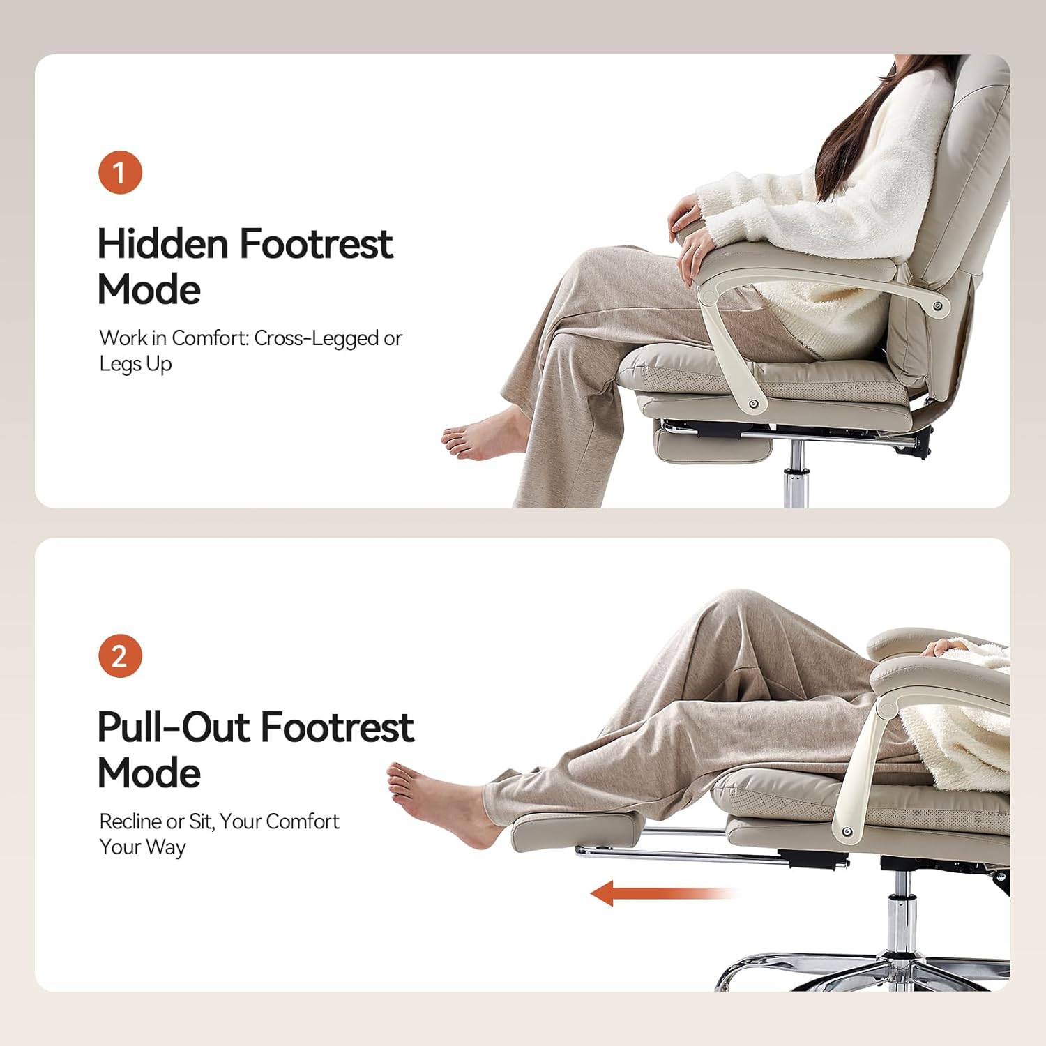 EMIAH Ergonomischer Bürostuhl mit Fußstütze, verstellbarer Schreibtischstuhl, PU-Leder, bequeme moderne Kosmetikstühle mit Rollen, niedlicher Computerstuhl mit mittlerer Rückenlehne für Zuhause, maximale Belastung 150 kg, Beige – Bild 7