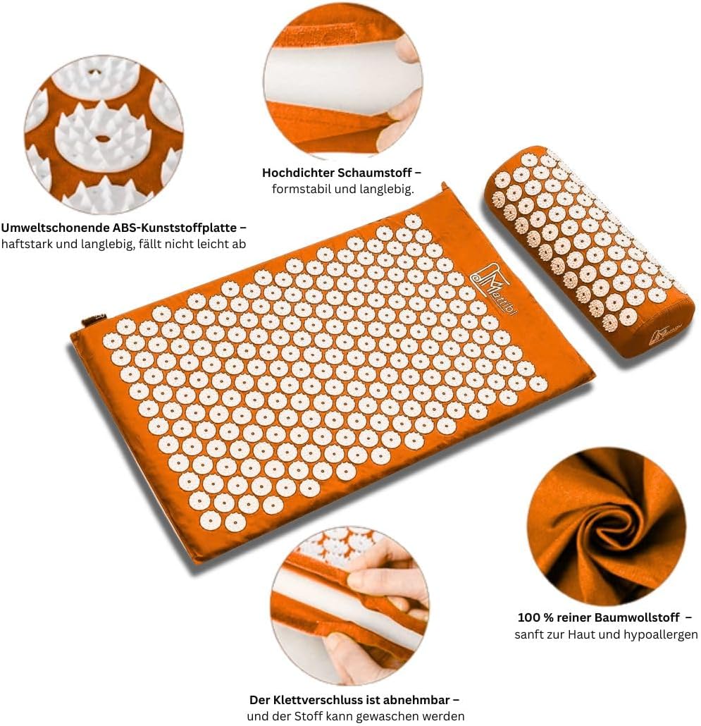 Akupressurmatte mit Kissen für Massage und Schmerzlinderung (Das Original), orangefarbenes Nadelmatten-Set zur Entspannung für Nacken, Rücken, Füße, Yantra-Matte, Stachelmatte für Meditation – Bild 5