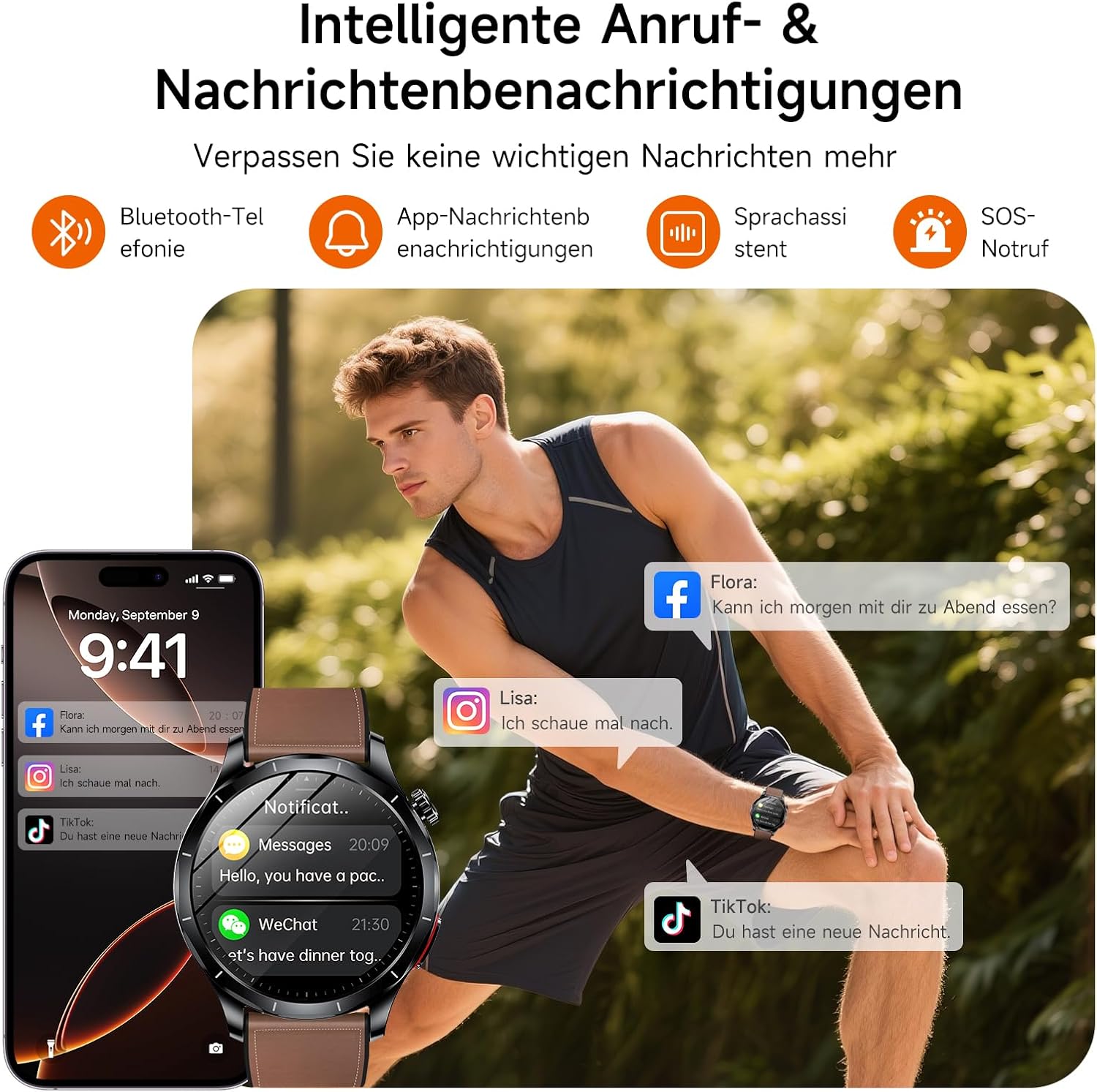 2026 Herren Smartwatch mit EKG/HRV/BMI/Harnsäure, 1,43 Zoll AMOLED Gesundheitsuhr mit 24H SpO2 Apnoe Schlafmonitor SOS Notruf Fitnessuhr Android/iOS (Braunes Leder) – Bild 5