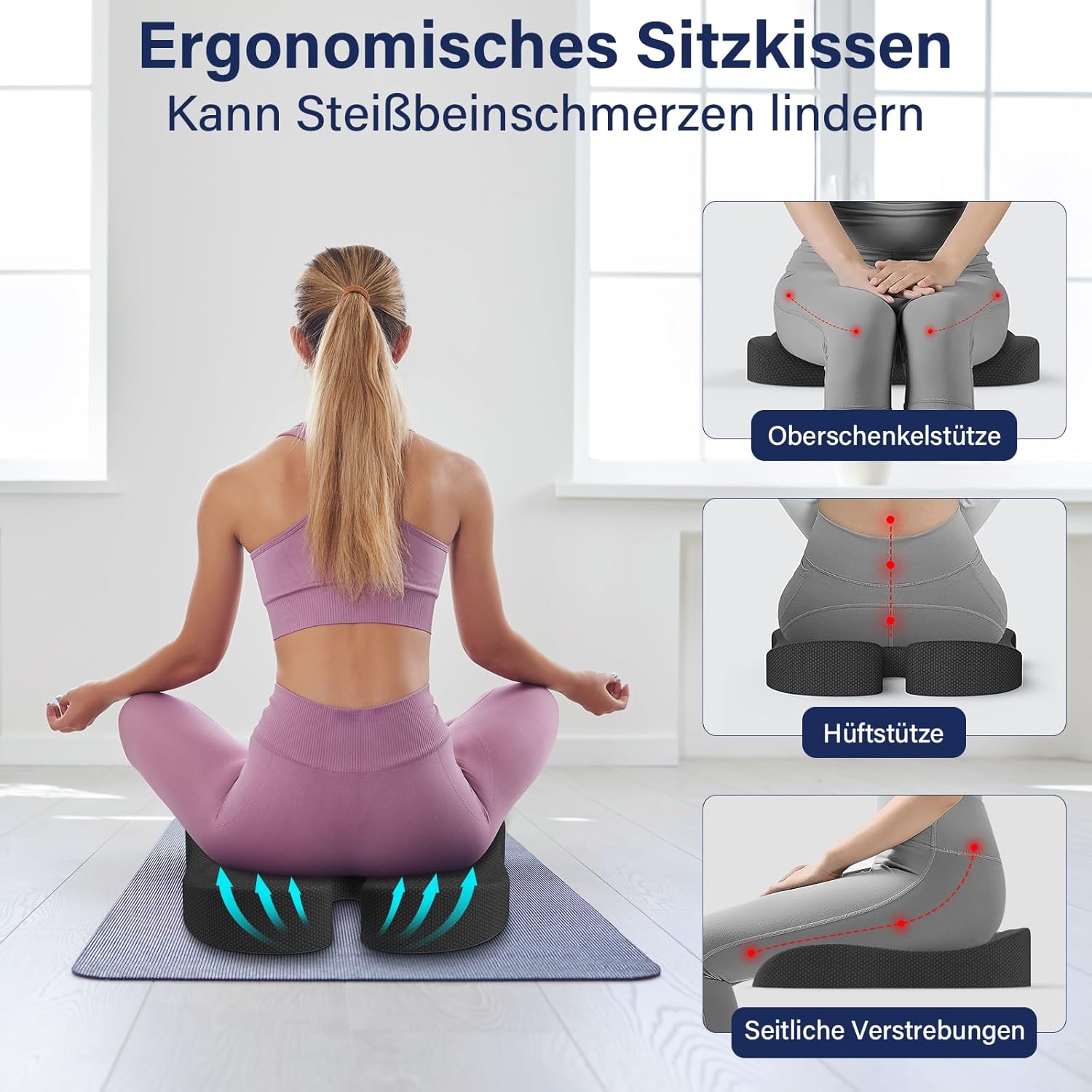 Orthopädisches Sitzkissen, ergonomisches Sitzkissen, Bürostuhl, Steißbeinkissen, Entlastung, bequemes Sitzkissen, Stuhl, Stressabbau, Stuhlkissen, Sitzpolster für Auto, Büro, Schwarz – Bild 2