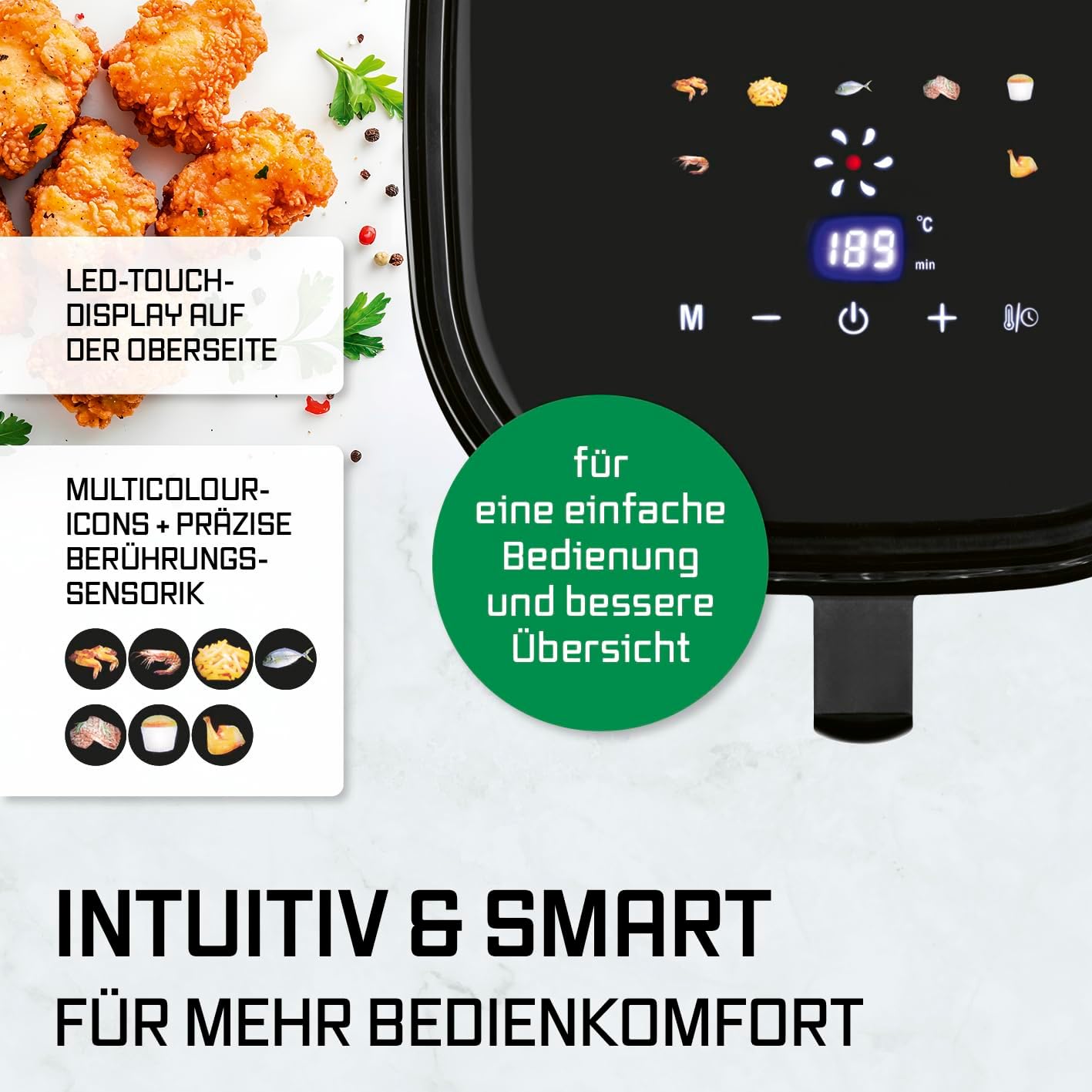 GOURMETmaxx Heißluftfritteuse 4,5 L – Airfryer 1400 W mit digitalem Farbdisplay, Timer, Abschaltautomatik & Überhitzungsschutz, spülmaschinenfestes Zubehör, fettfreies Frittieren – Schwarz – Bild 5
