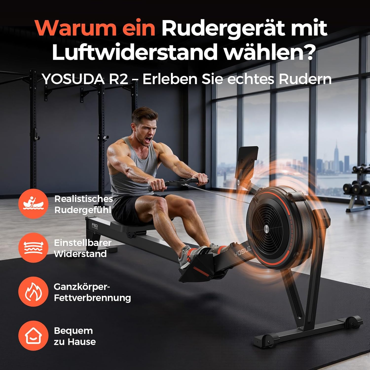 YOSUDA R2 Luft-Rudergerät für zu Hause, faltbar, selbstbetriebenes Display, 10 Widerstandsstufen, lange Schiene, 4-Wege-Display, Bluetooth und App, für große Benutzer, Luftwiderstand, Rudergerät – Bild 2