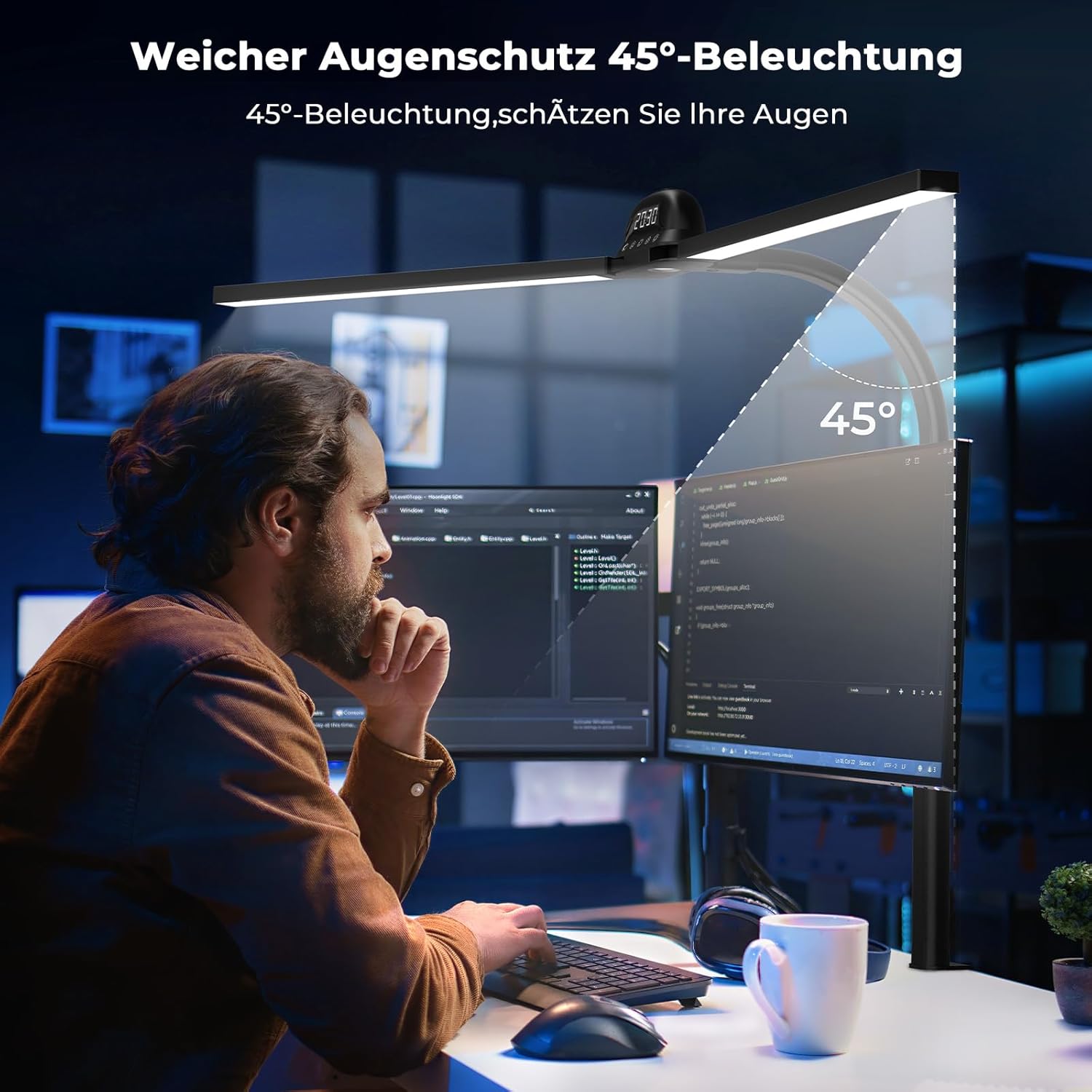 Schreibtischlampe LED Tischlampe Klemmbar 90cm CRI≥95 3100K-7600K Dimmbar Tageslichtlampe Doppelkopf Schreibtischlampe Schwanenhals Schreibtisch Leselampe Monitorlampe Fernbedienung für Home Office – Bild 2