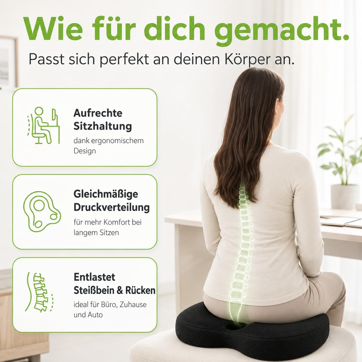 Sitzkissen, ergonomisches orthopädisches Memory-Schaum-Stuhlkissen mit U-förmiger Steißbeinentlastung, druckentlastend für Bürostuhl, Auto, Rollstuhl, Zuhause, rutschfest, waschbar, Schwarz – Bild 4