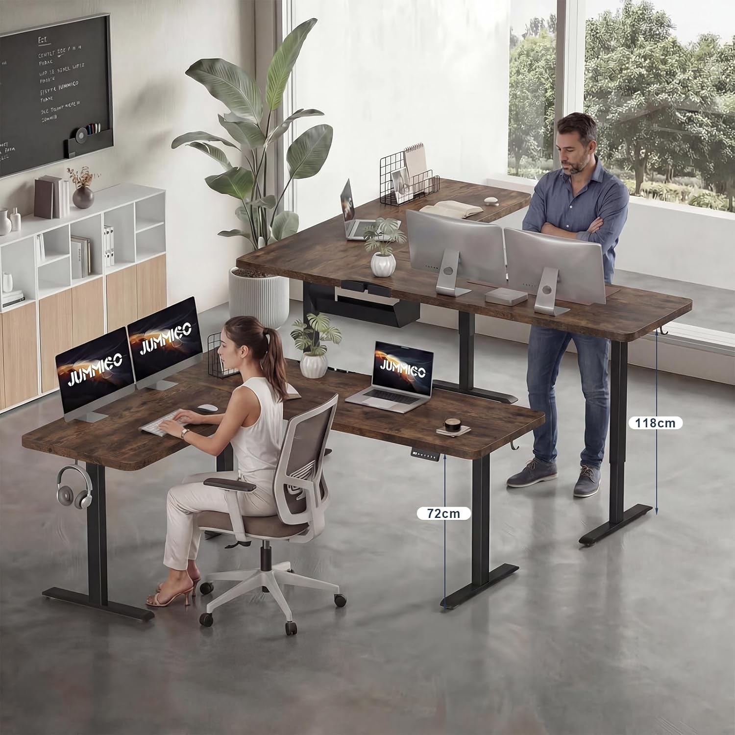 JUMMICO Eckschreibtisch, höhenverstellbar mit 3 Ablagehöhen, 160 x 140 cm, L-förmiger höhenverstellbarer Schreibtisch mit Kabelkanal und 2 Haken, ergonomischer Computertisch für das Home Office, braun – Bild 7