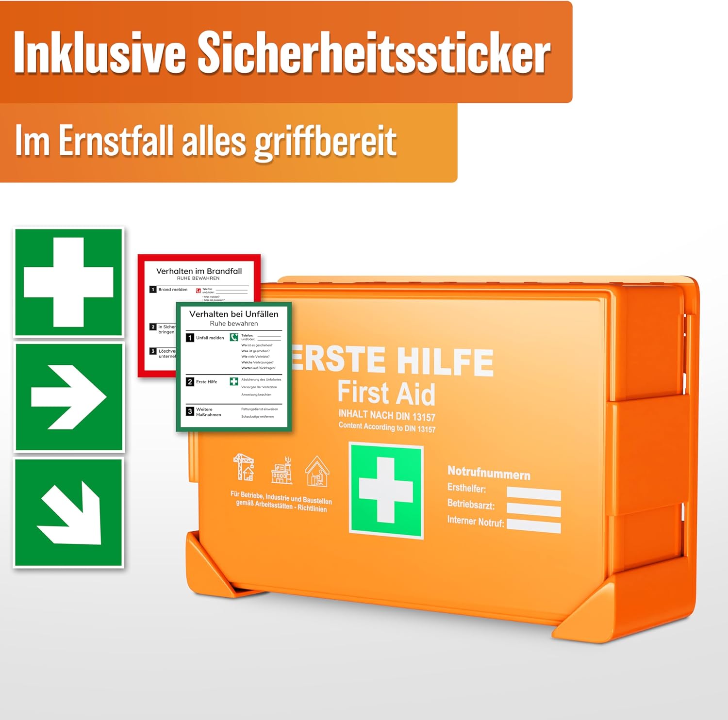 HELDENWERK Erste-Hilfe-Kasten Version 2026 (DIN 13157:2021) inklusive Wandhalterung & 5 x Aufkleber | Erste-Hilfe-Koffer für Büro, Haushalt & Gastronomie – Einsatz-Erste-Hilfe-Kasten gefüllt, Sanitätskasten – Bild 5