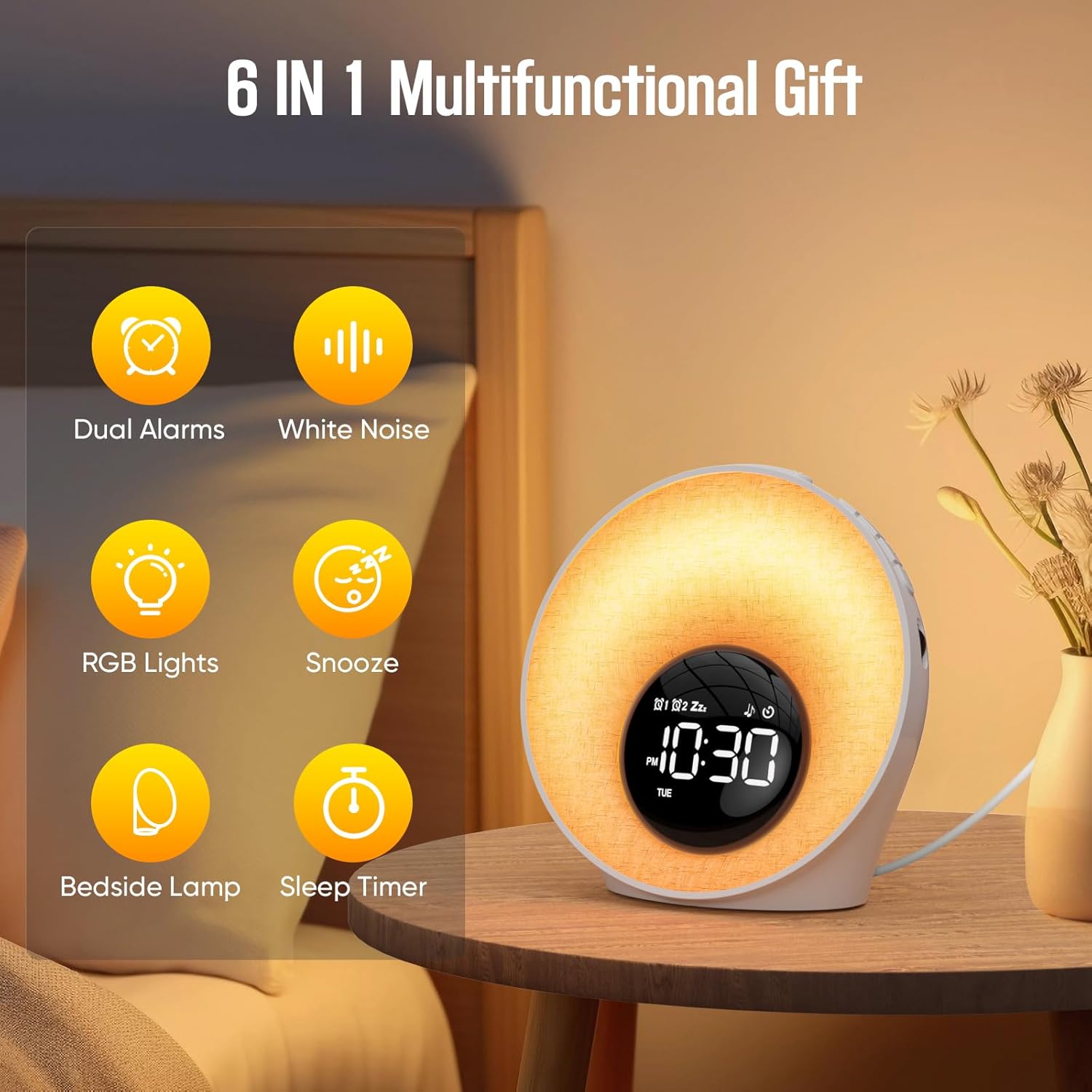 Tageslichtwecker, Lichtwecker Sonnenaufgang Wecker mit Licht, Wecker Digital mit 2 Alarme und Snooze, White Noise Machine mit 30 Schlafgeräuschen, Nachttischlampe mit 20 Helligkeit, 8 Farblicht, Timer – Bild 2