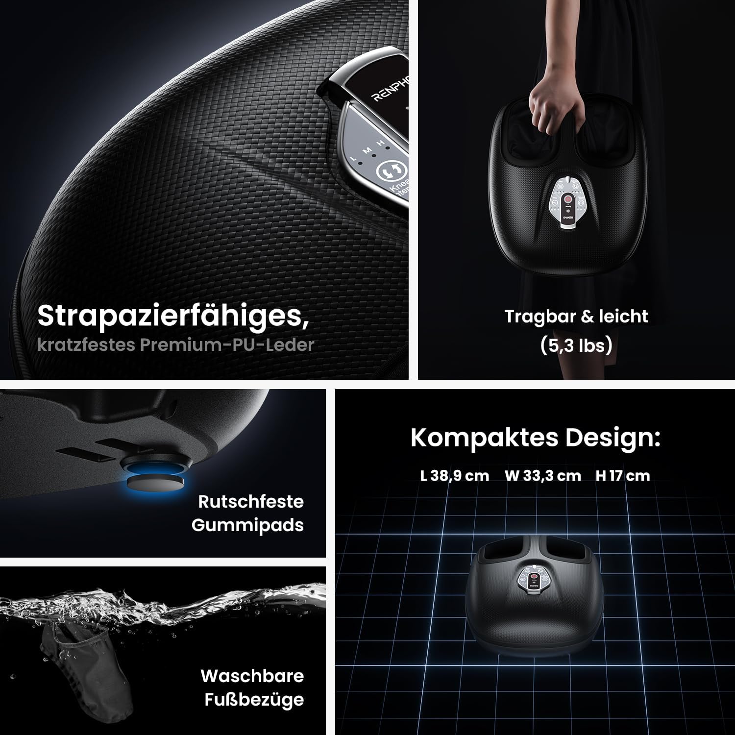 RENPHO Tragbares Fußmassagegerät mit Wärme (2026 aktualisiert), Fußmassagegerät elektrisch, Testsieger, 3D-Kneten, Rollen und Luftkompression, 3 Intensitäten, Geschenke für Damen und Herren, Schwarz – Bild 6