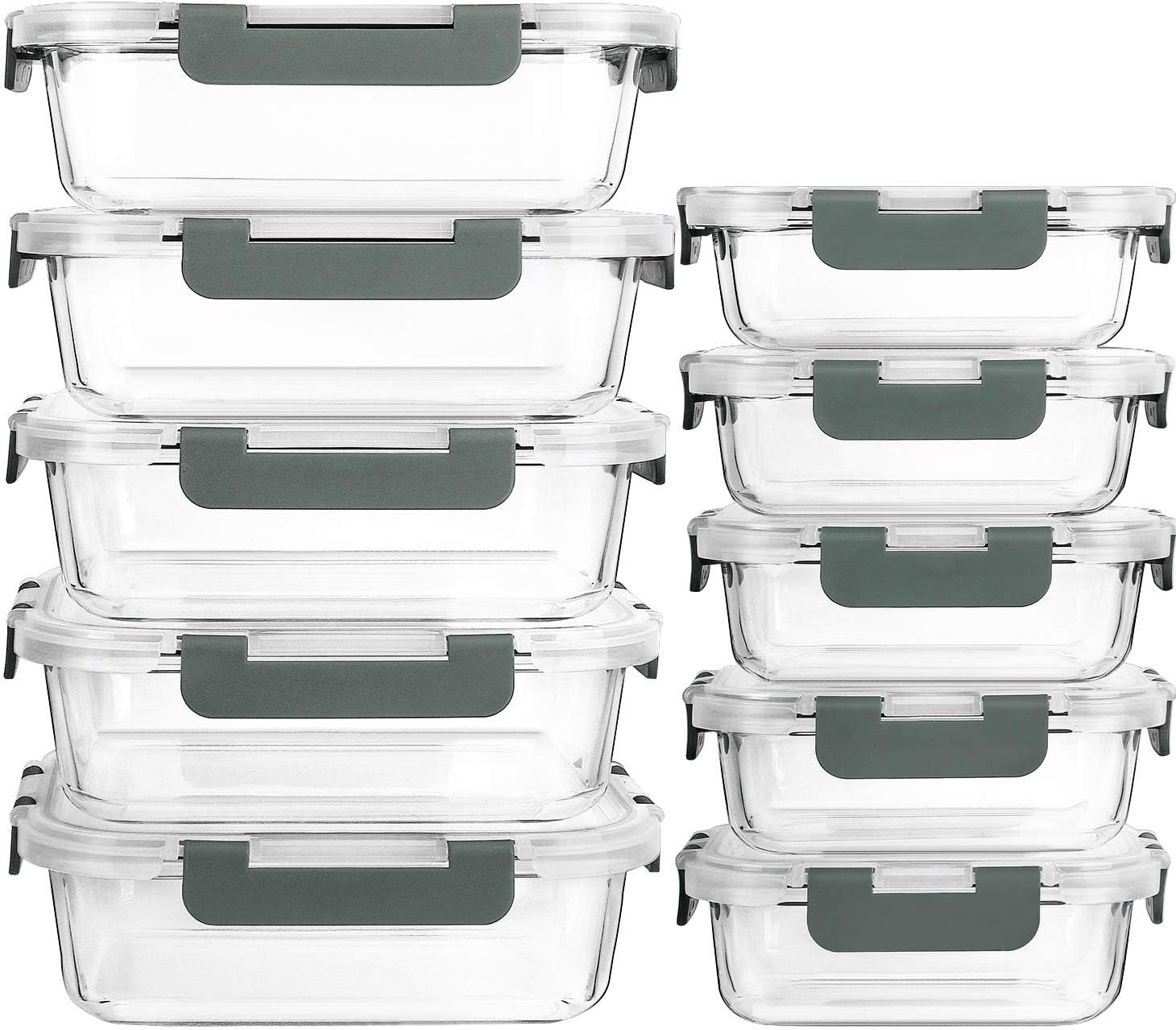 MCIRCO 20-teiliges Frischhaltedosen-Set aus Glas, 10 Behälter, 10 transparente Deckel, spülmaschinen-, mikrowellen- und gefriergeeignet, auslaufsicher, BPA-frei