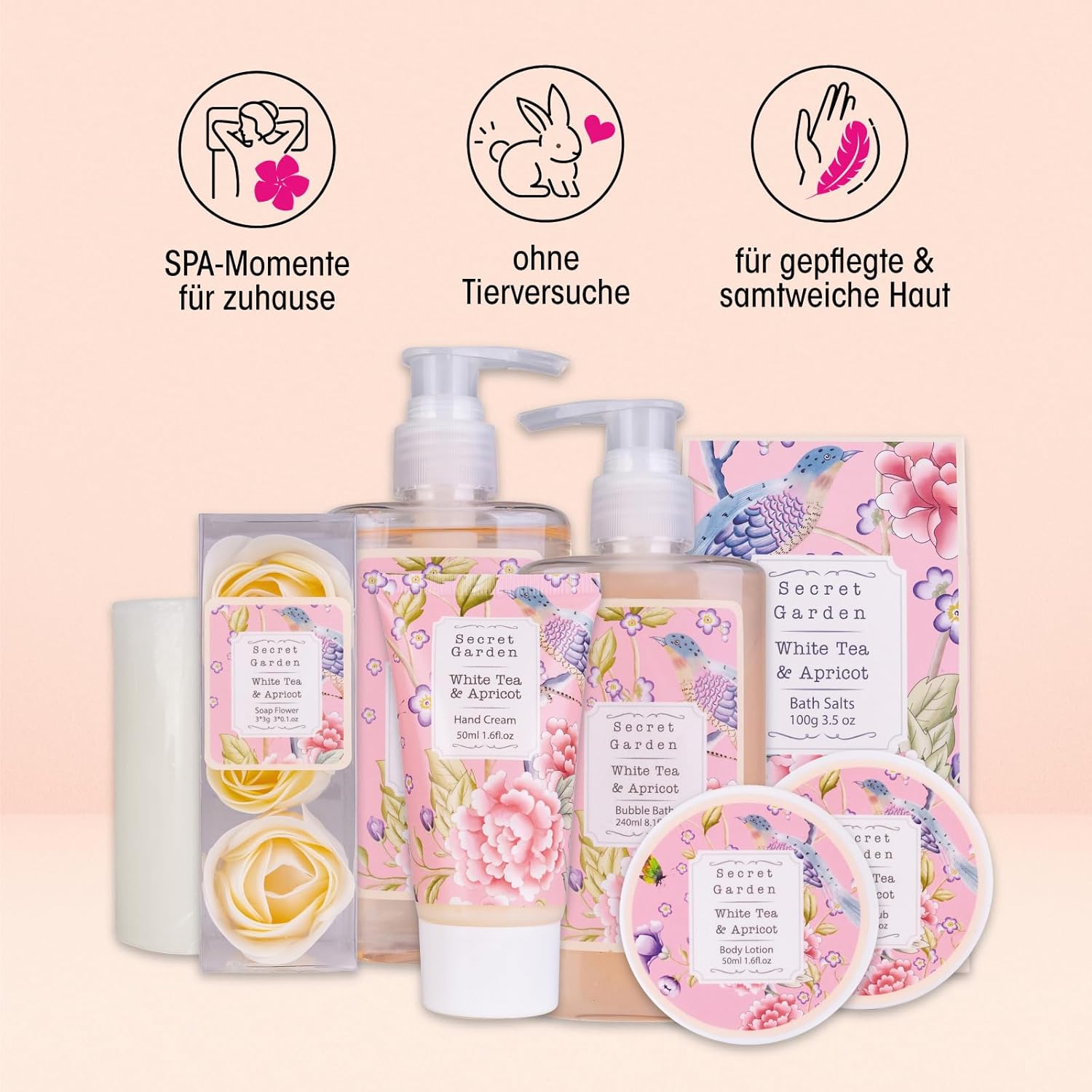 Accentra Secret Garden Geschenkset in großer Holzlaterne, inklusive Duschgel, Schaumbad, Körperpeeling, Körperlotion, Handcreme, Badesalz und Kerze, Wellness-Pflegeset für Frauen mit Duft von weißem Tee und Aprikose – Bild 4