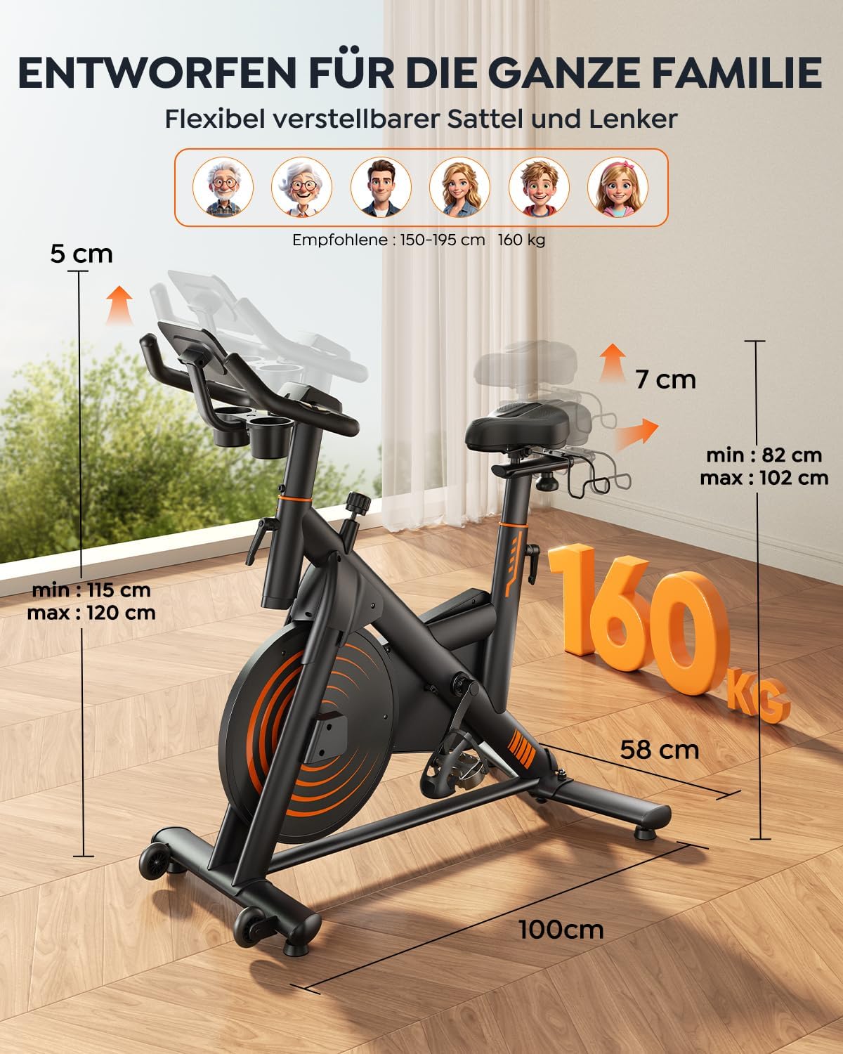 Hometrainer Fahrrad mit App, Ultraleise Heimtrainer Fahrrad, Ergonomisches Design, LCD Display mit Pulsmessung, Magnetischer Widerstand, 15KG Schwungrad, Bis 160KG – Bild 6