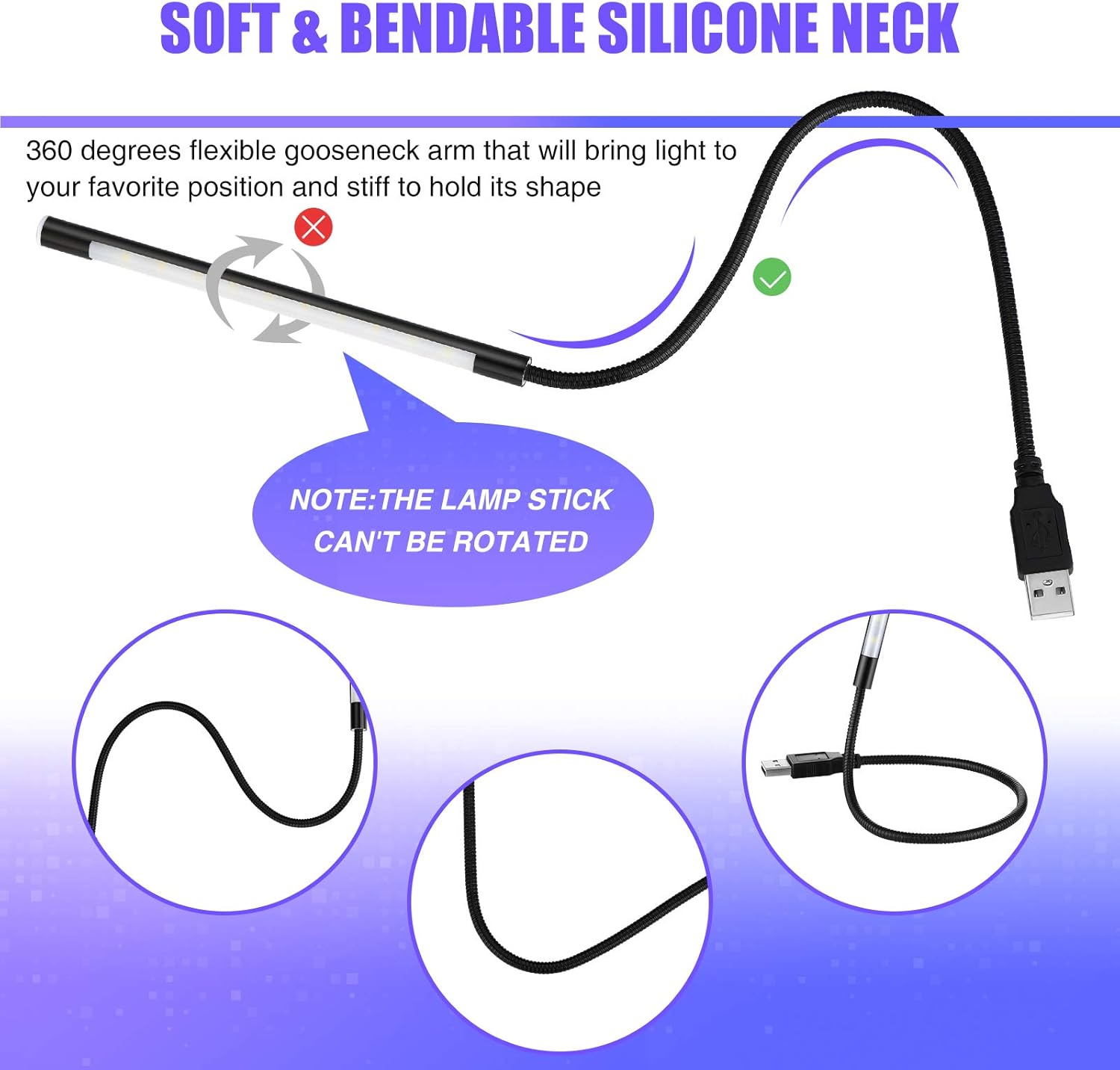 Weewooday 2 Stück USB-LED-Lampe Schwanenhals-Leseleuchten, flexible Tastaturleuchte, dimmbare LED-Tastaturbeleuchtung, Touch-Schalter, Schwanenhals-USB-Licht für Laptop, Buch, Computer (schwarz, silber) – Bild 3