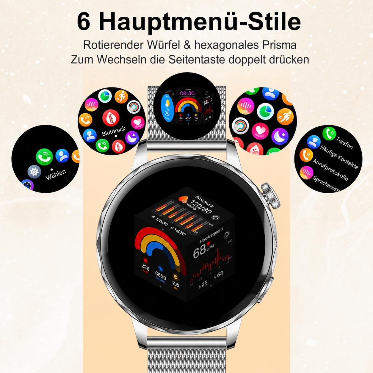 Runde Smartwatch für Damen mit Telefonfunktion, 1,27 Zoll HD-Smartwatches mit SpO2, 24-Stunden-Herzfrequenzüberwachung, Blutdruck-Schlafüberwachung, Fitness-Tracker 120+ Sportmodi, Schrittzähler für iOS Android, IP68 wasserdicht, Silber – Bild 7