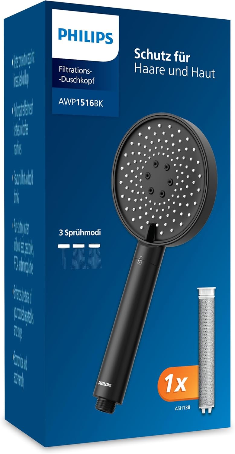 Philips Wasserduschkopf mit Filter – Haut- und Haarschutz, entfernt effektiv Chlor und große Partikel, 3 Sprühmodi, 1 Monat Filterkapazität, Schwarz