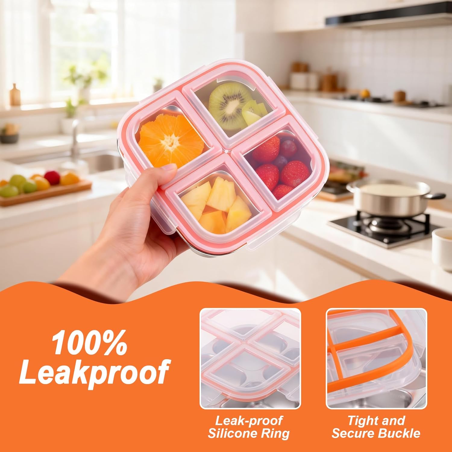 2 Stück Snackboxen mit Fächern aus Edelstahl, wiederverwendbare Snackbox für Kinder und Erwachsene, Meal-Prep-Behälter, Kinder, auslaufsichere Metall-Bento-Box mit Deckel für Schule, Arbeit & Camping (600 ml) – Bild 3