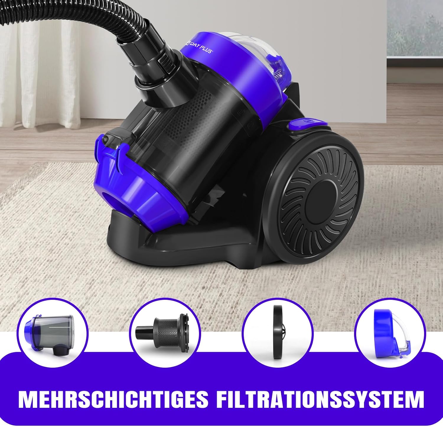 Zyklon-Staubsauger, beutellos, 1000 Watt, Staubsaugerzylinder, leistungsstarker Bodenstaubsauger mit HEPA-Filter, Bodendüse für Hartböden und Teppich, 1,5 Liter Staubbehälterkapazität, 10 m Arbeitsradius – Bild 5