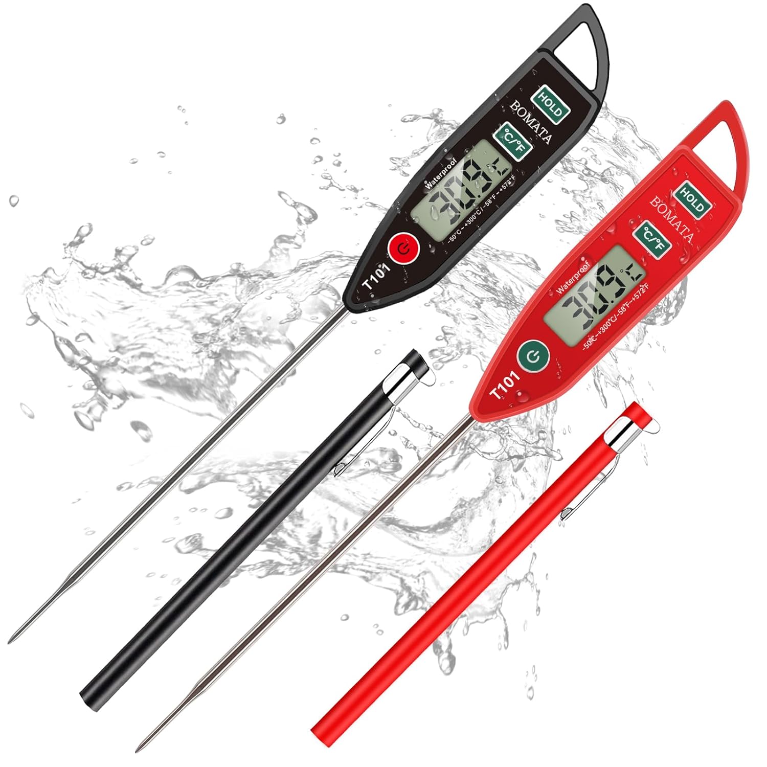 BOMATA 2er-Set wasserdichtes IPX7-Fleischthermometer zur sofortigen Messung der Lebensmitteltemperatur, mit langer Sonde, geeignet für Wasser, Flüssigkeiten, Kochen in der Küche, Grillen und BBQ! 2 Stück (Schwarz und Rot)