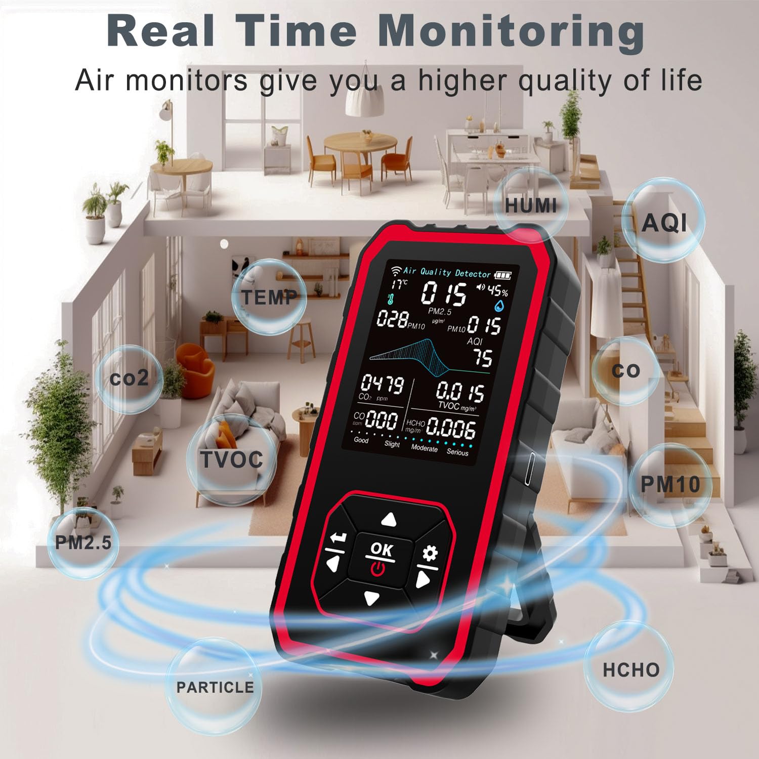 10-in-1-Raumluftqualitätsdetektor, PM-Detektor, CO2-Monitor, mit Temperatur und Luftfeuchtigkeit zum Testen von PM2,5/PM10/HCHO/TVOC/AQI, USB-Aufladung für Heimbüros oder Schulen – Bild 6