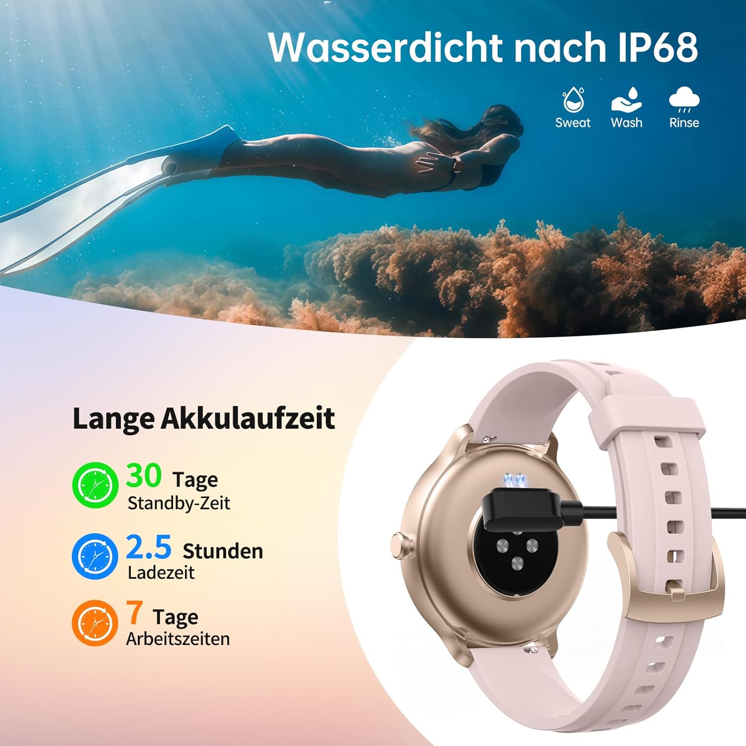 Smartwatch Damen Herren – 1,27 Zoll Smartwatch mit Bluetooth-Anrufen, WhatsApp/App-Benachrichtigungen, Herzfrequenz, Schlafüberwachung, 120+ Sportmodi, IP68 wasserdicht – Fitnessuhr kompatibel mit iOS Android – Bild 8