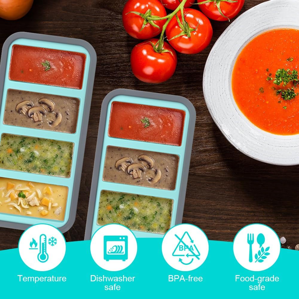 2 Stück Suppen-Gefrierbehälter, Silikon-Gefrierform Suppe mit Deckel, 4 Gitter, 250 ml Silikon-Gefriertablett, BPA-frei, stapelbarer Gefrierbehälter für Suppe, Brühe, Soße, Eiswürfel (4 Gitter) – Bild 6