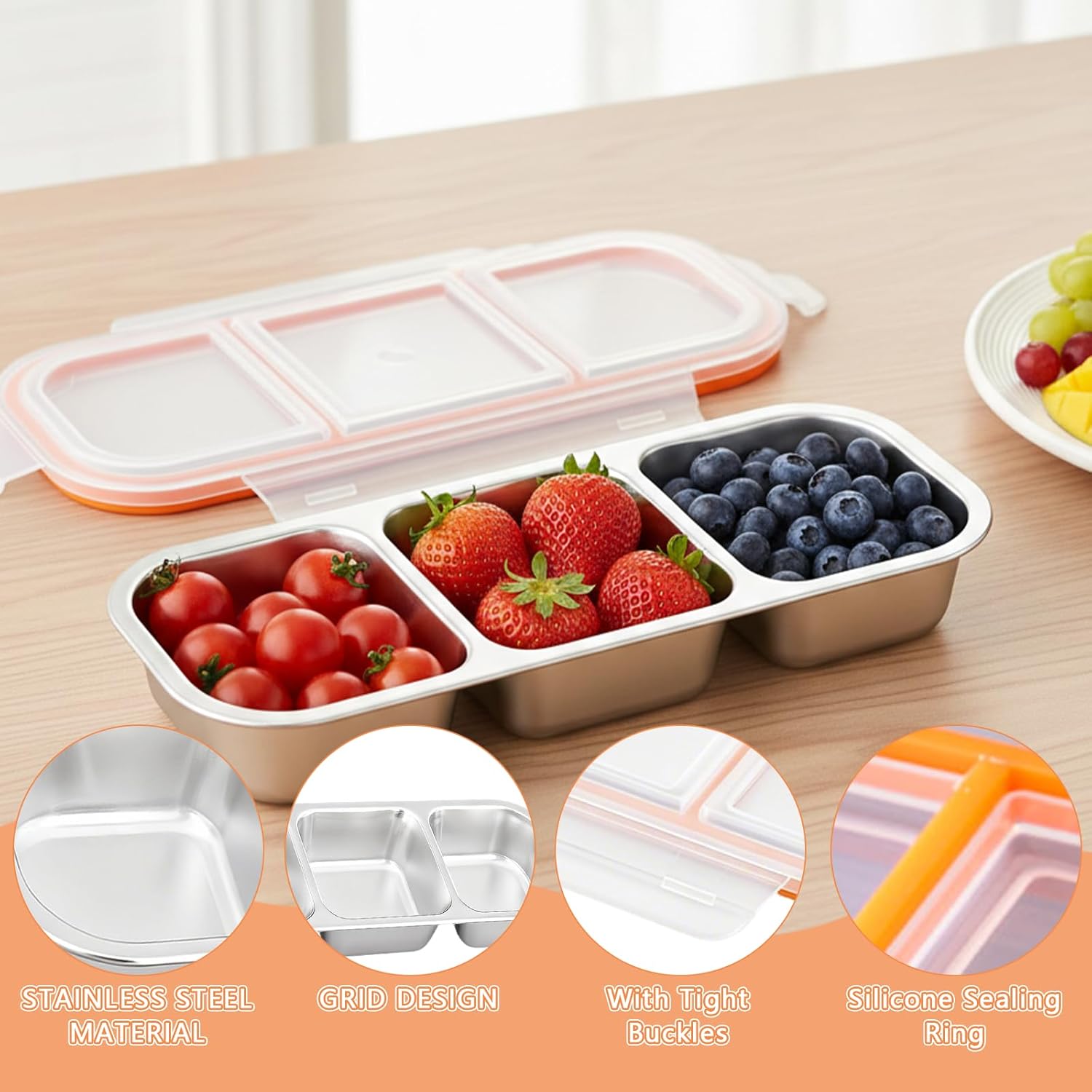 2 Stück Snackbox mit 3 Fächern, Edelstahl-Snackbehälter mit Kunststoffdeckel, Lunchbox, Kinder-Meal-Prep-Boxen, 600 ml Snackboxen für Schule, Arbeit, Camping – Bild 3