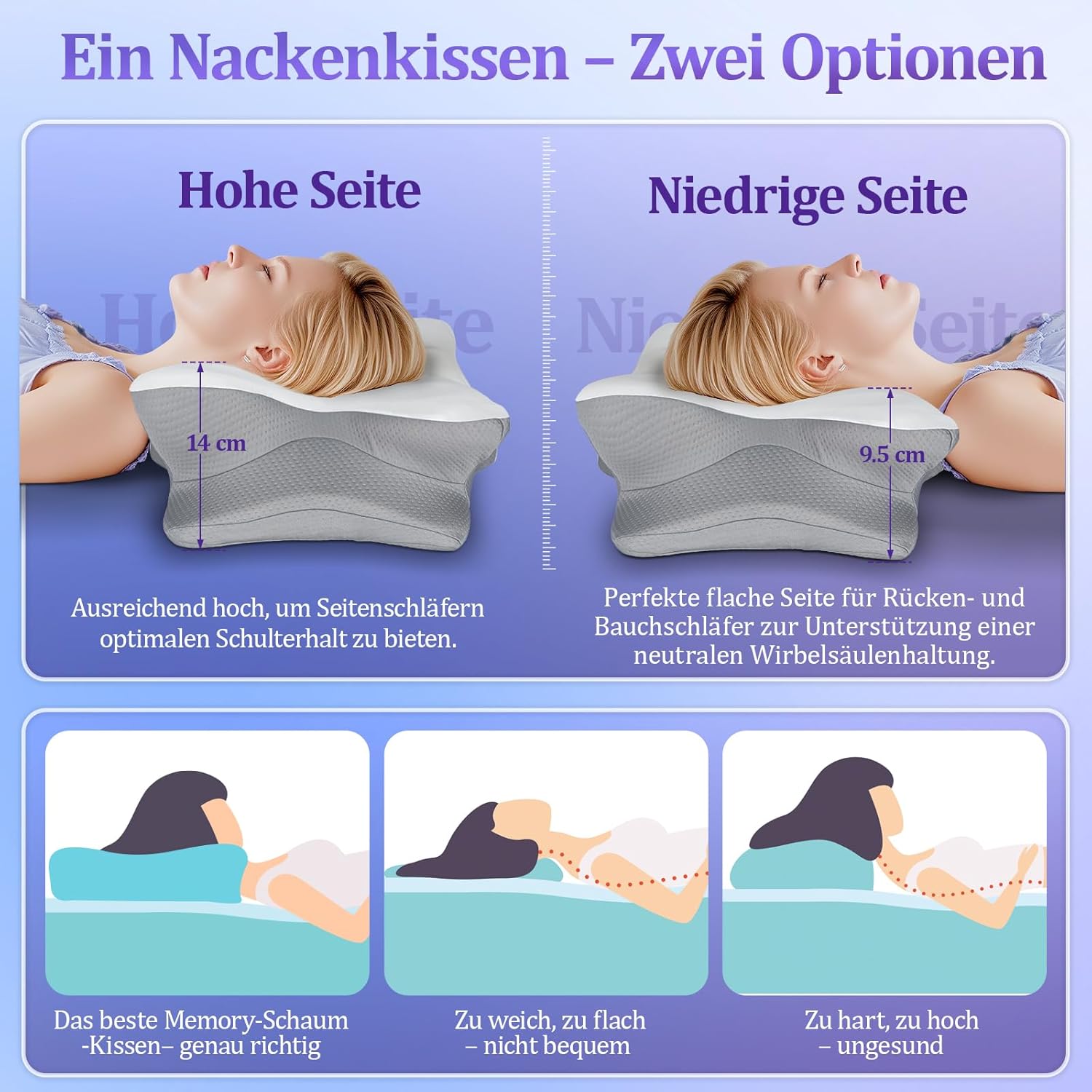 Nackenkissen – Memory-Schaum-Kissen – stabile Nackenstütze, Schlafkissen, Kissen zum Schlafen – ergonomisches Seitenschläferkissen – Nackenstützkissen für Seiten-, Rücken- und Bauchschläfer – Bild 3