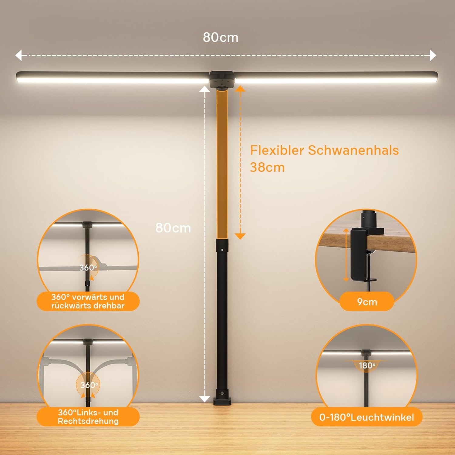 Doppelkopf Schreibtischlampe LED Dimmbar 24W 80cm Klemmbar Tageslichtlampe Schreibtischlampe Schwanenhals Büro Tischlampe Augenschutz Arbeitsplatzleuchte Monitorlampe, Schwarz – Bild 6