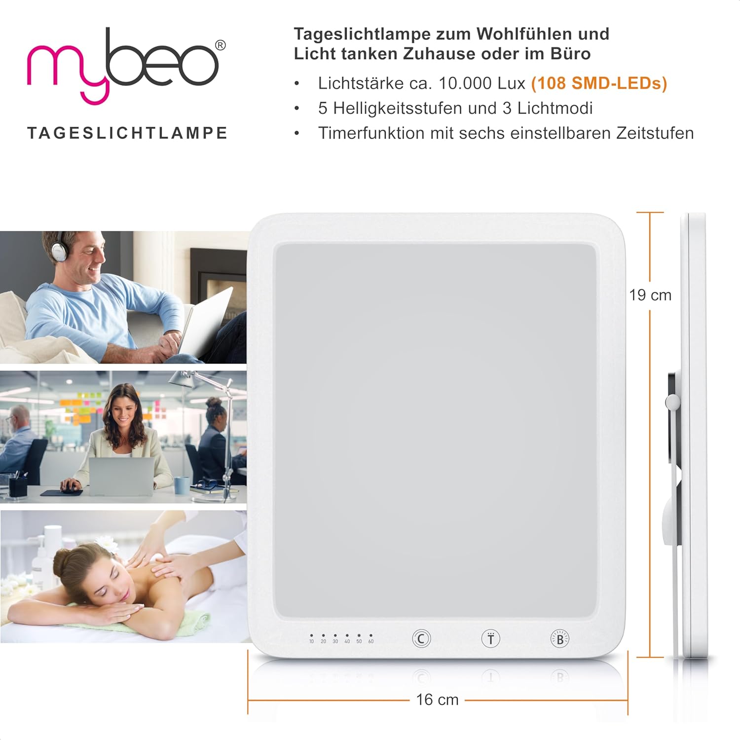 CSL – Tageslichtlampe 10000 Lux dimmbar – LED-Lichttherapie – Tageslichtlampe mit LED-Technologie – simuliertes Tageslicht für den Schreibtisch – 5 Helligkeitsstufen – 3 Lichttemperaturen – Timer – Bild 2