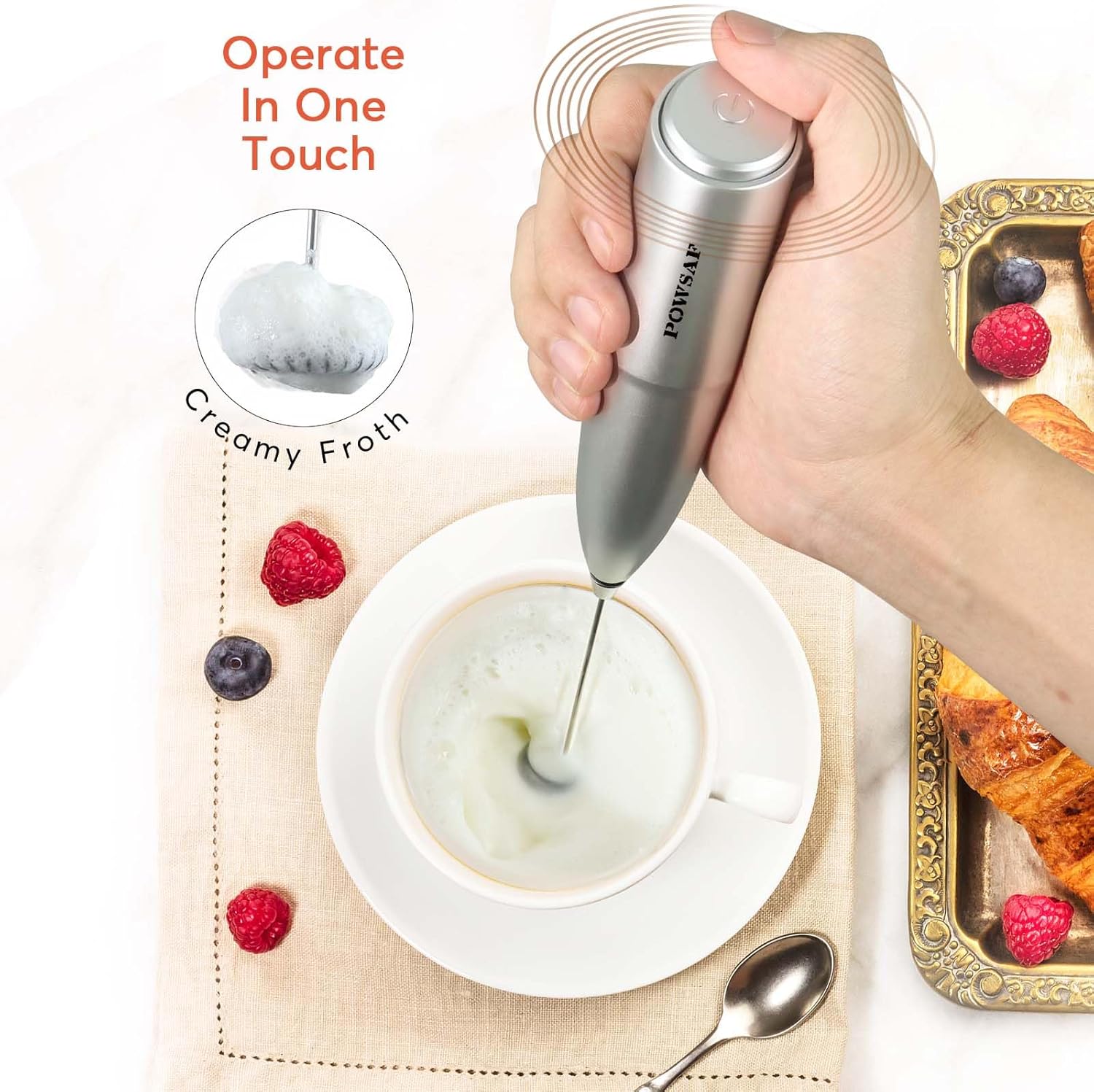 POWSAF Elektrischer Milchaufschäumer, Hand-Milchaufschäumer-Stick, Milchaufschäumer-Stick, 13000 U/min, Milchaufschäumer für Kaffee, Latte, Cappuccino, Schwarz/Silber – Bild 5
