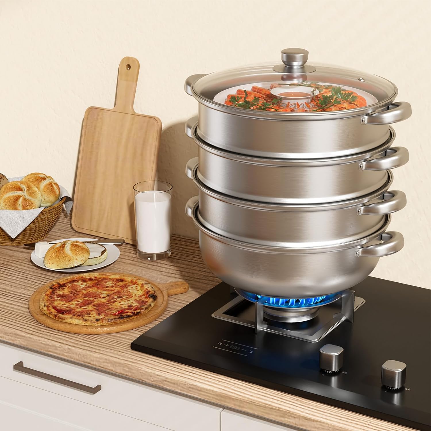 Dampfgarer zum Kochen – 28 cm Edelstahl-Dampfgarer mit Dampfeinsatz, 3/4/5-stöckiges Kochgeschirr mit Deckel zum Kochen von Gemüse, Meeresfrüchten, Suppen, Eintöpfen und Nudeln (vier) – Bild 6