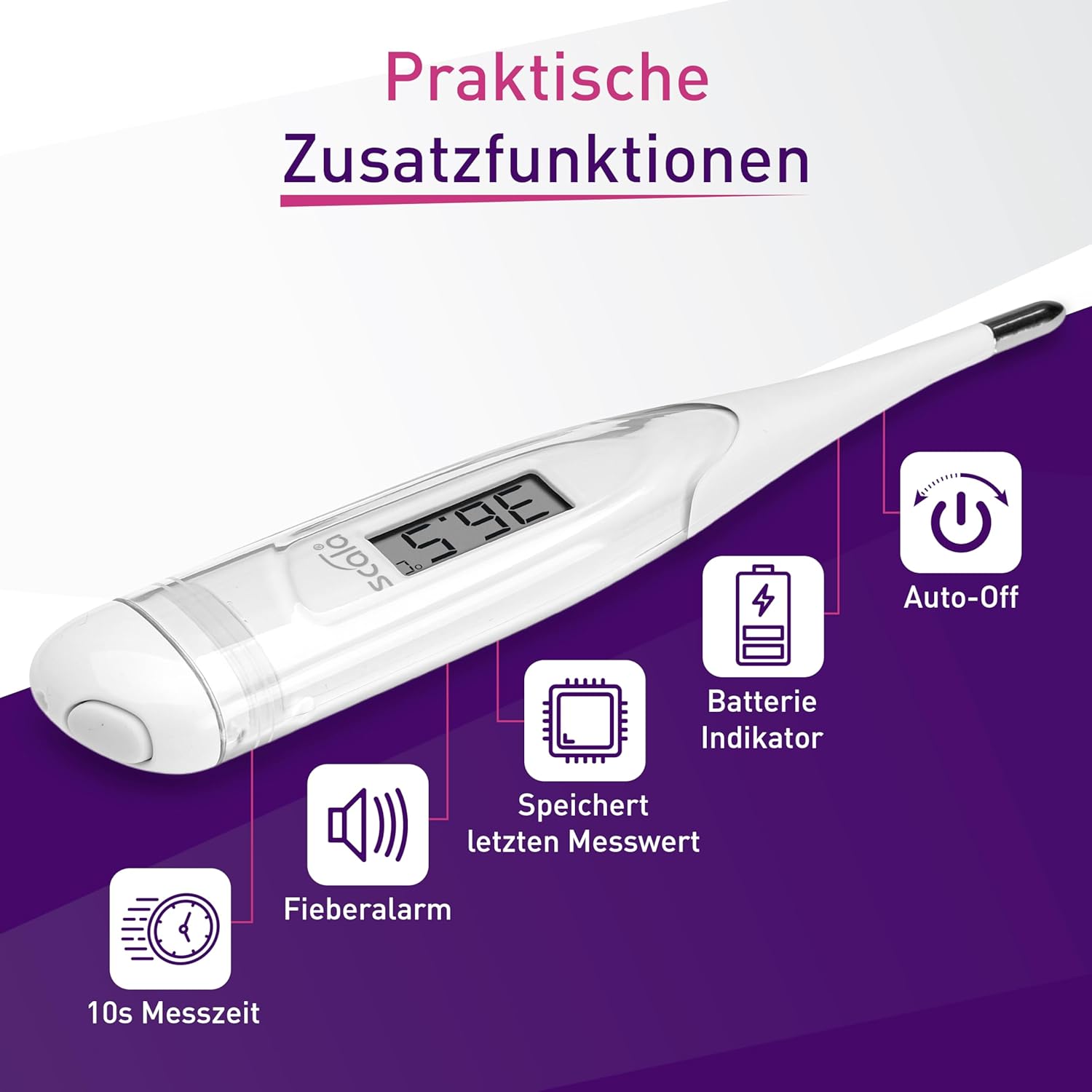 scala SC 28 flex Digitales Fieberthermometer – 10 Sekunden Messzeit, flexible Spitze, Fieberalarm, wasserdicht – oral, rektal und axillär – weiß – für Babys, Kinder und Erwachsene – Bild 6