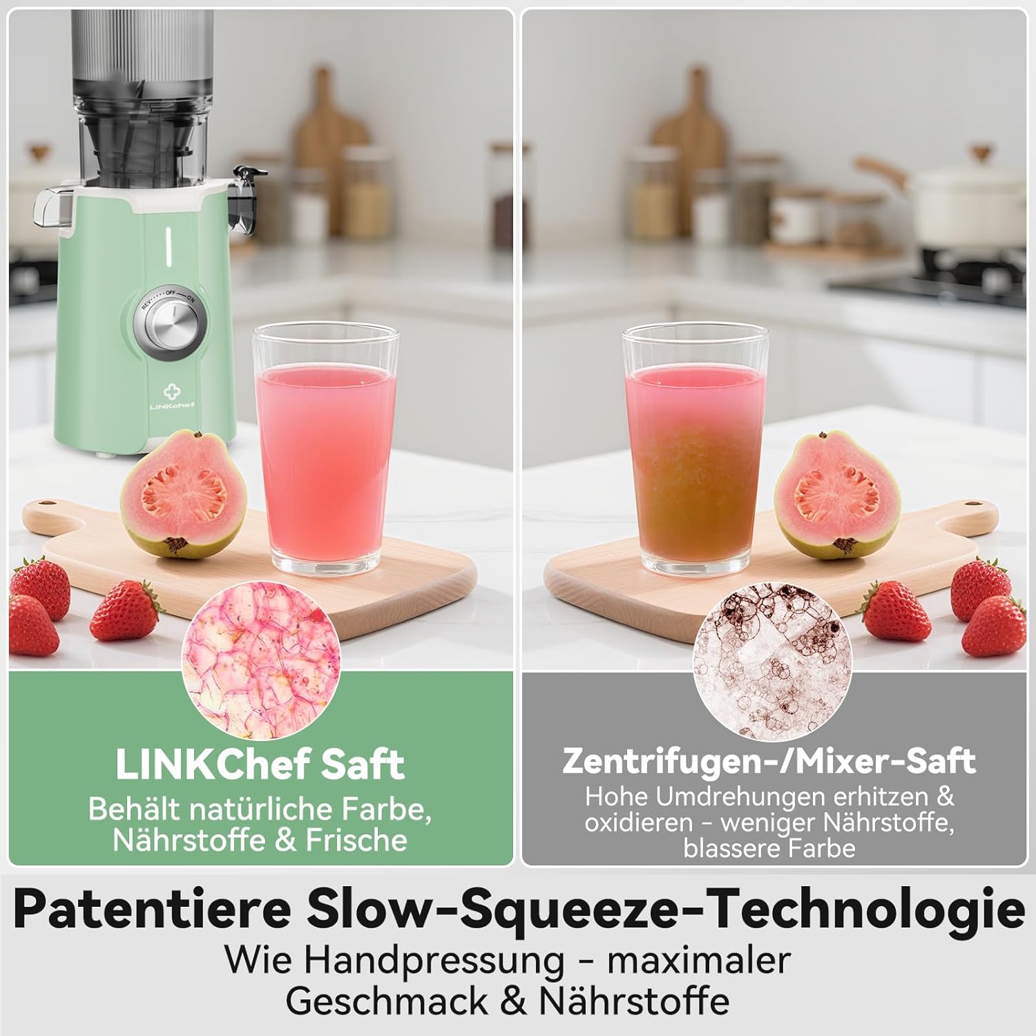 LINKChef Slow Juicer, Entsafter Gemüse und Obst, Testsieger mit 115 mm großer Größe für ganze Früchte/Gemüse, Blitzreiniger, einfache Installation, BPA-frei, 200 W, Hellgrün – Bild 4