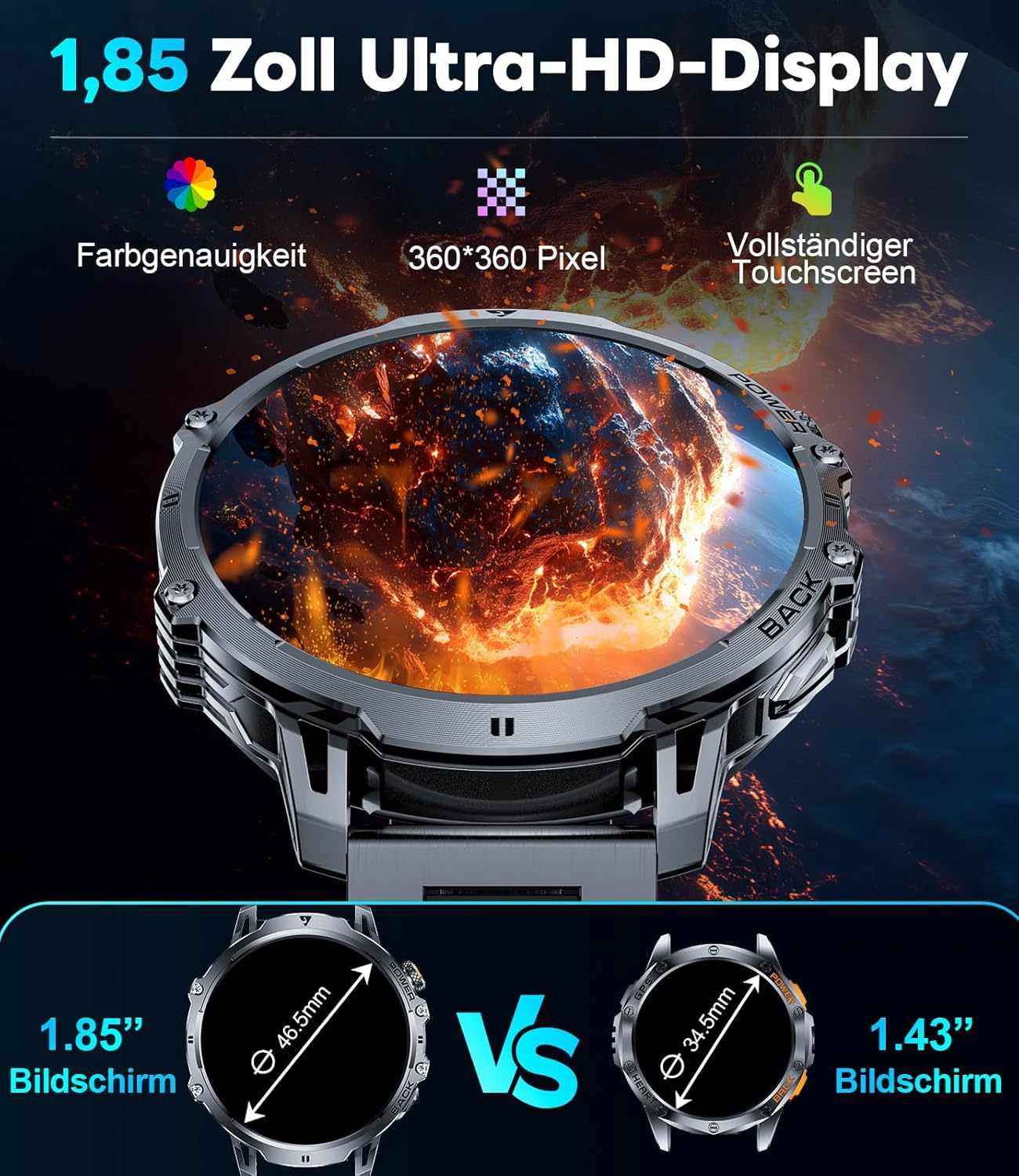 LIGE Military Smartwatch Herren – 1000 mAh/1,85 Zoll HD großer Touchscreen/LED-Licht, Fitnessuhr mit 110+ Sportmodi, Herz-/Schlaf-Tracking, 2 Armbänder, IP68 wasserdicht, Sportuhr für iOS/Android, Schwarz – Bild 4