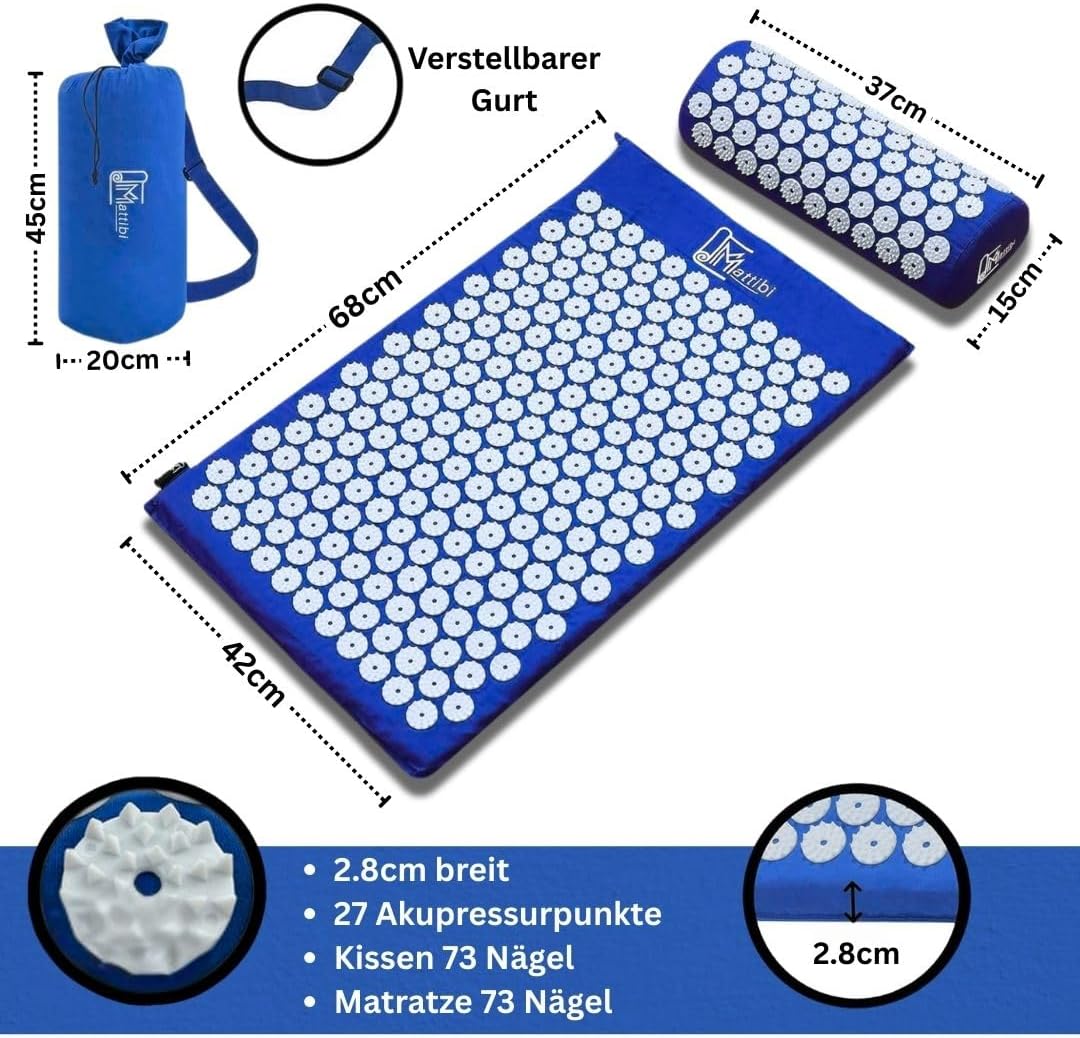 Akupressurmatte mit Kissen für Massage und Schmerzlinderung (Das Original), blaues Nadelmatten-Set zur Entspannung für Nacken, Rücken, Füße, Yantra-Matte, Stachelmatte für Meditation – Bild 2