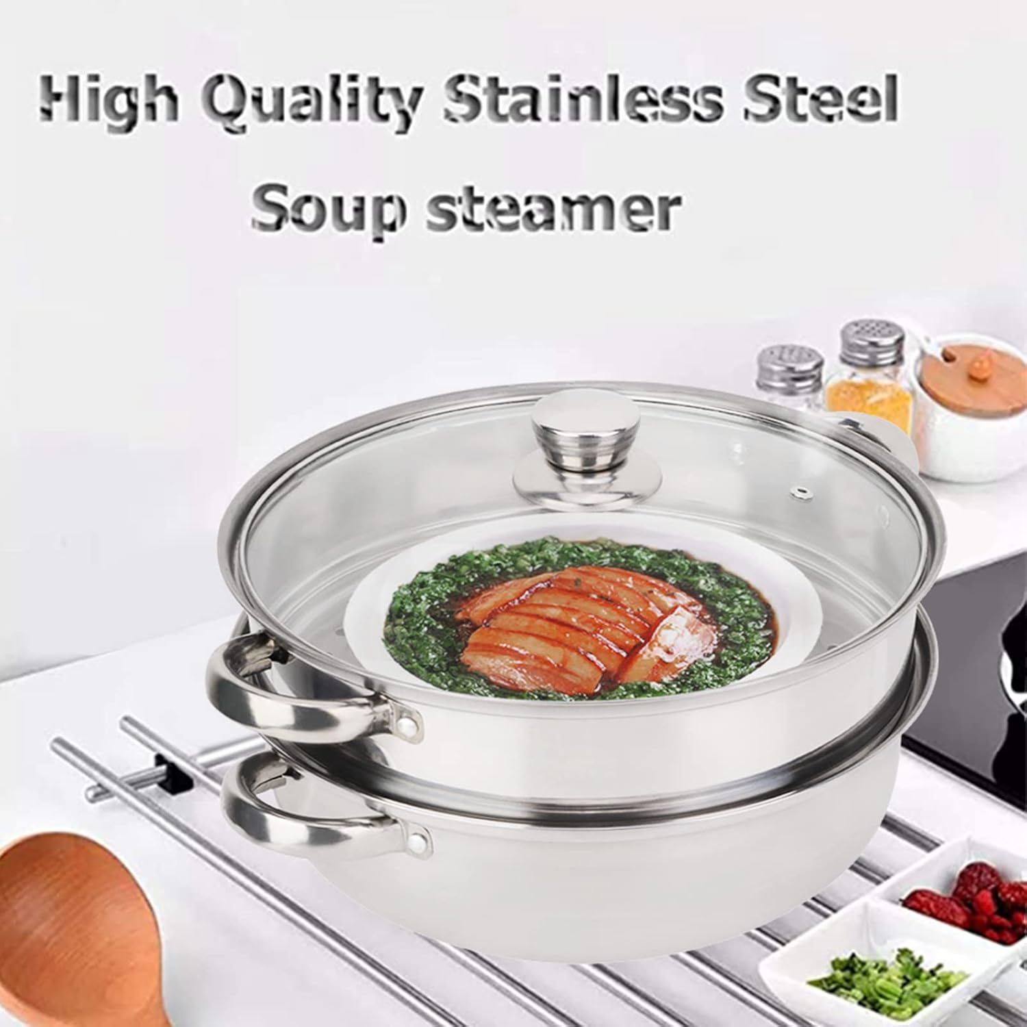 Dampfgarer-Set, Edelstahl-Kochgeschirr, 27 cm/11 Zoll, 2-lagiger Dampfgarer, Doppelkocher, Suppendampfgarer, poröses Design, Fleisch-Gemüse-Dampfgarer für die Heimküche, 27 x 27 x 19,5 cm – Bild 2