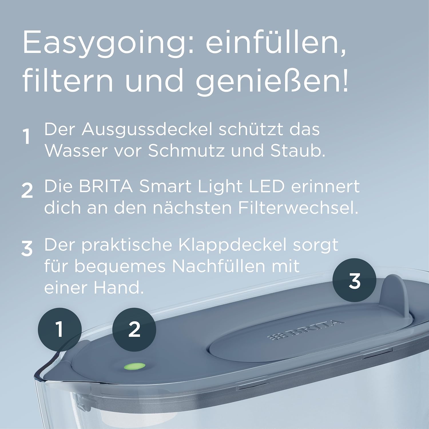 BRITA Style Essential Wasserfilterkanne Stone Blue (2,4 L) inklusive 1x BRITA Maxtra Pro Pure Performance – Kanne mit Smart Light LED & Klappdeckel passt in den Kühlschrank, filtert Verunreinigungen – Bild 3