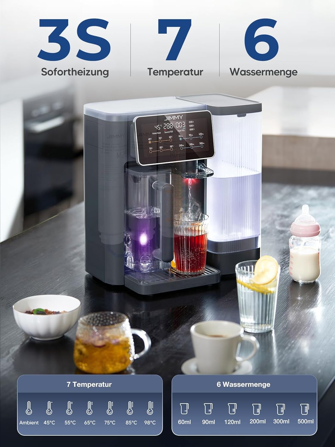 Jimmy R9 Osmosesystem-Trinkwasser-Arbeitsplatte, Umkehrosmosesystem-Wasserfilter, mit Heißwasserspender, 7-Stufen-Filterung von Umkehrosmose und Mineralien, UV, 3S-Heizung, 7 Temperaturoptionen, Echtzeit-TDS-Monitor – Bild 4