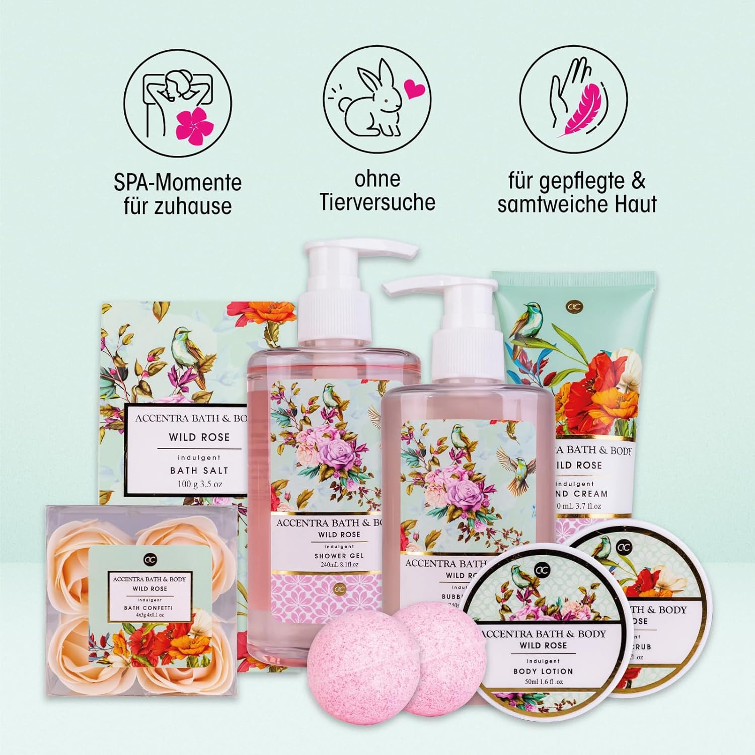 Accentra Duschset Damen Geschenkset im Holzkorb – 8-teiliges Pflegeset mit Duschgel, Körperlotion, Badezusätzen, Peeling & Handcreme – Wellness-Geschenkset für Geburtstag, Valentinstag & Weihnachten – Bild 4