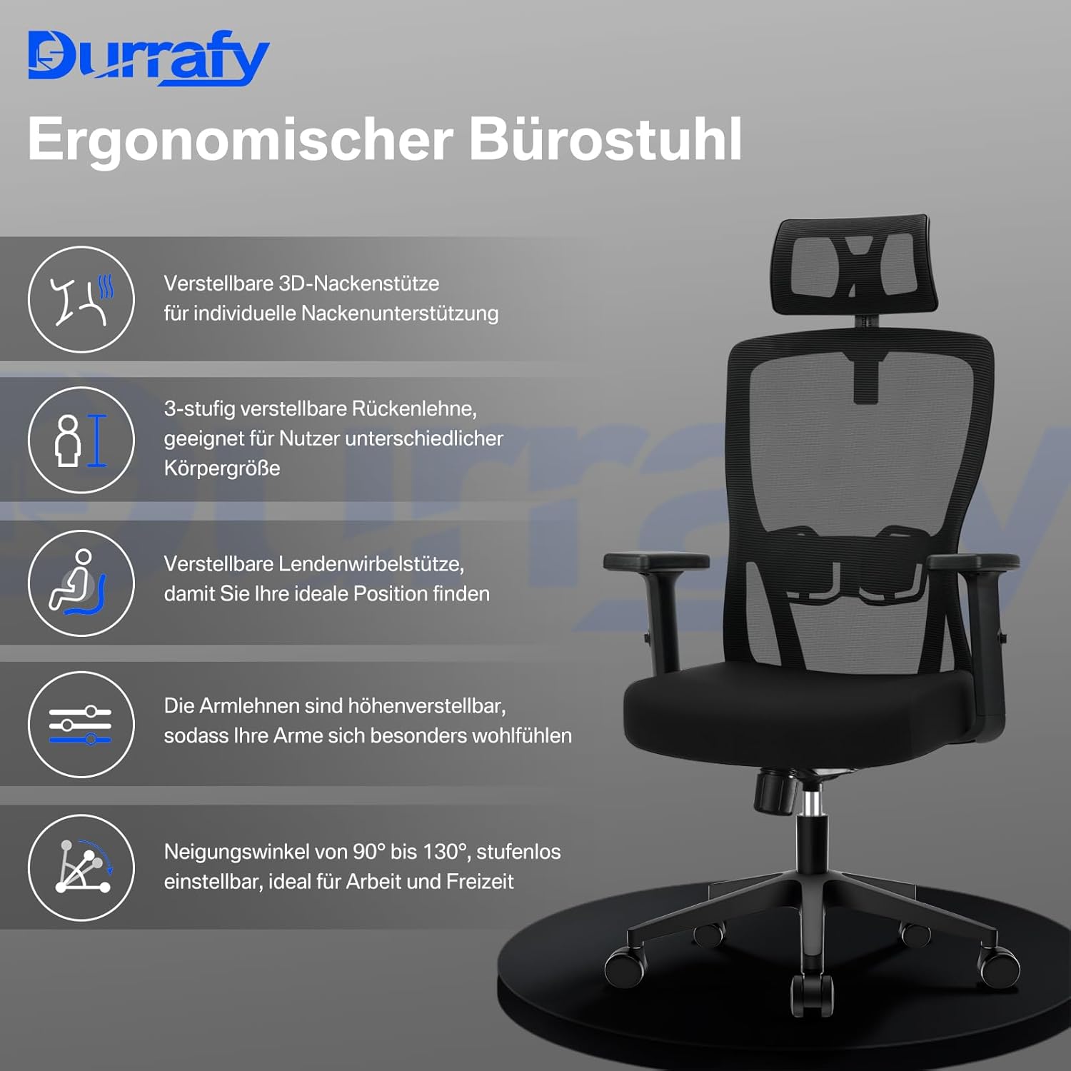 Durrafy Ergonomischer Bürostuhl, Schreibtischstuhl mit hoher Rückenlehne, verstellbarer Lordosenstütze, Kopfstütze & Armlehnen, Drehstuhl mit Liegefunktion, Bürostuhl bis 150 kg belastbar, Schwarz – Bild 4