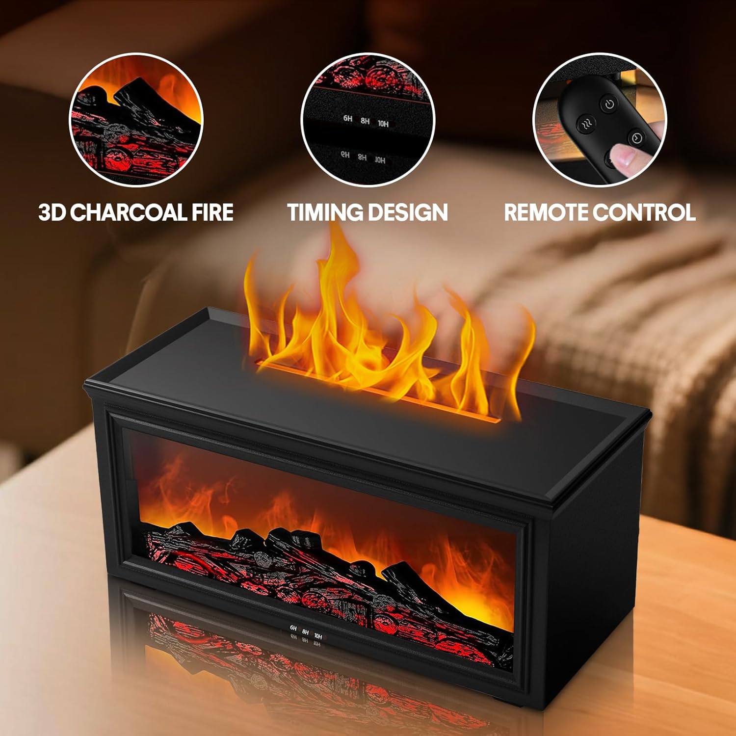 Aeshory Flammen Aroma Diffuser, 280ml USB Diffuser für Ätherische Öle, 7 Farben Licht Flammeneffekt, mit Fernbedienung, 4 Timer, Wasserlose Abschaltautomatik, Schwarz – Bild 3